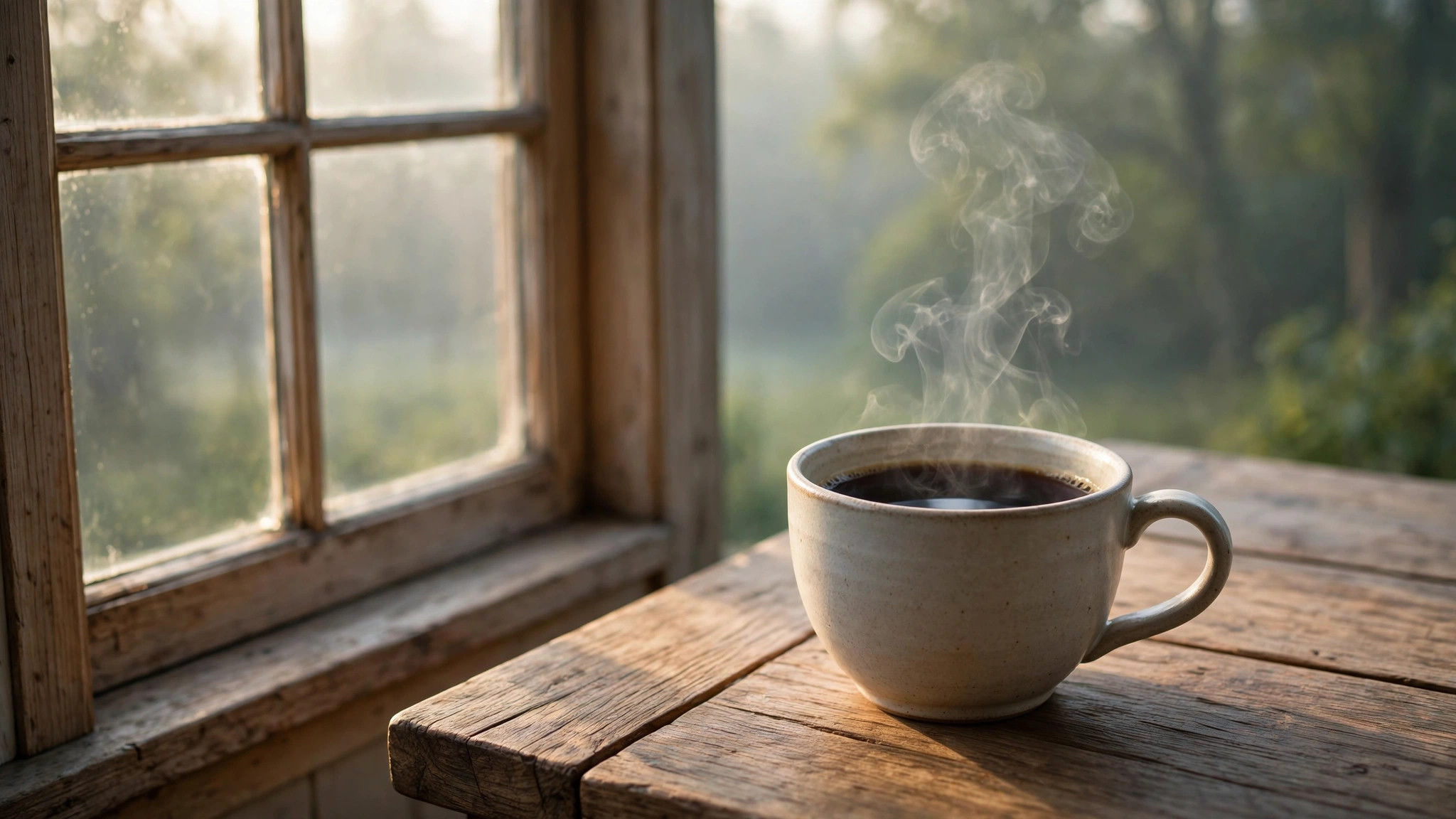 Coffee beans and a steaming cup of coffee on a wooden table