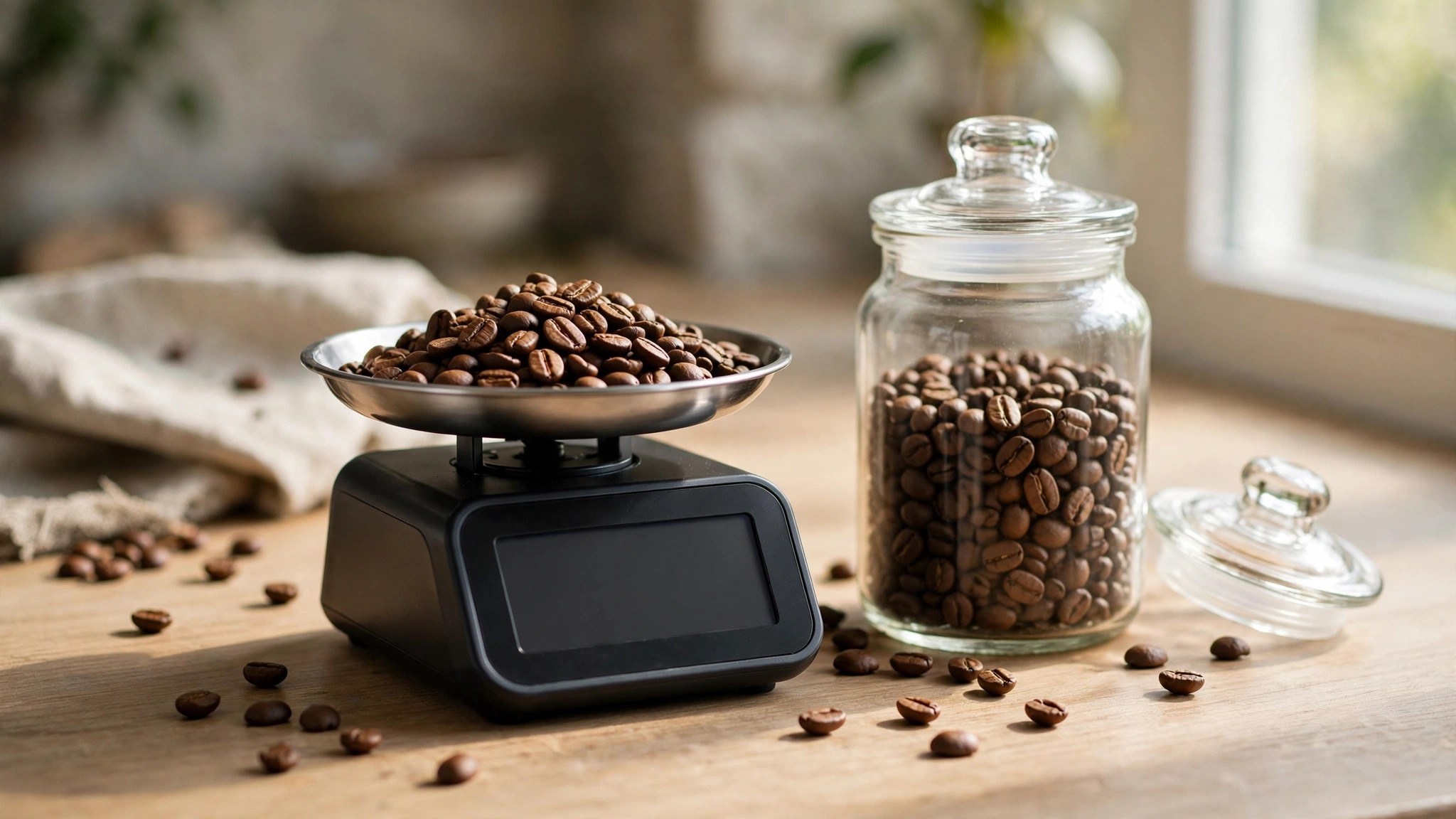 Coffee cup with blank label beside coffee beans and a measuring scale