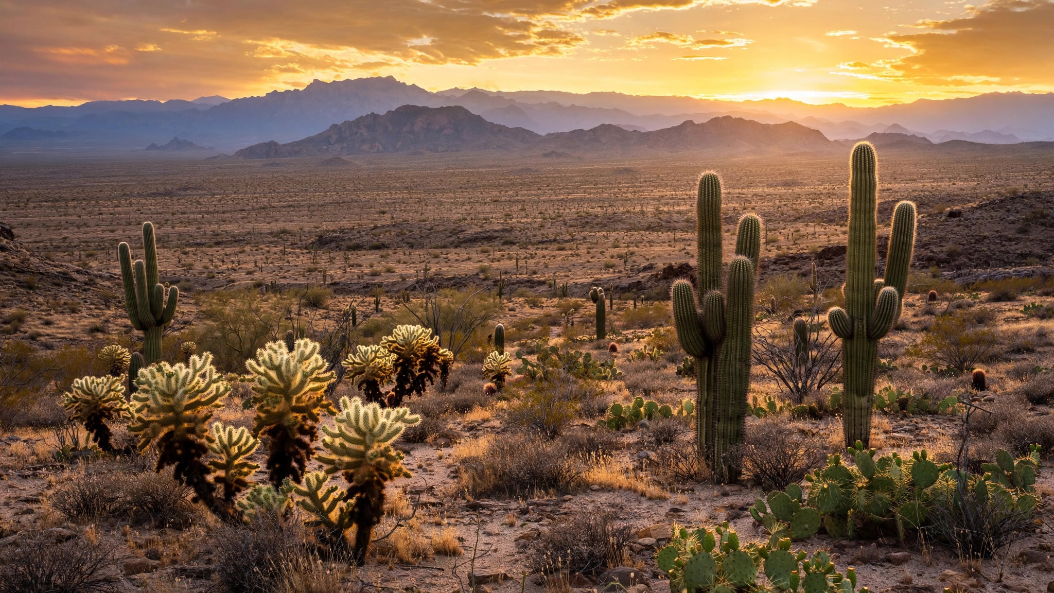 Desert landscape with cacti and mountains at golden sunset