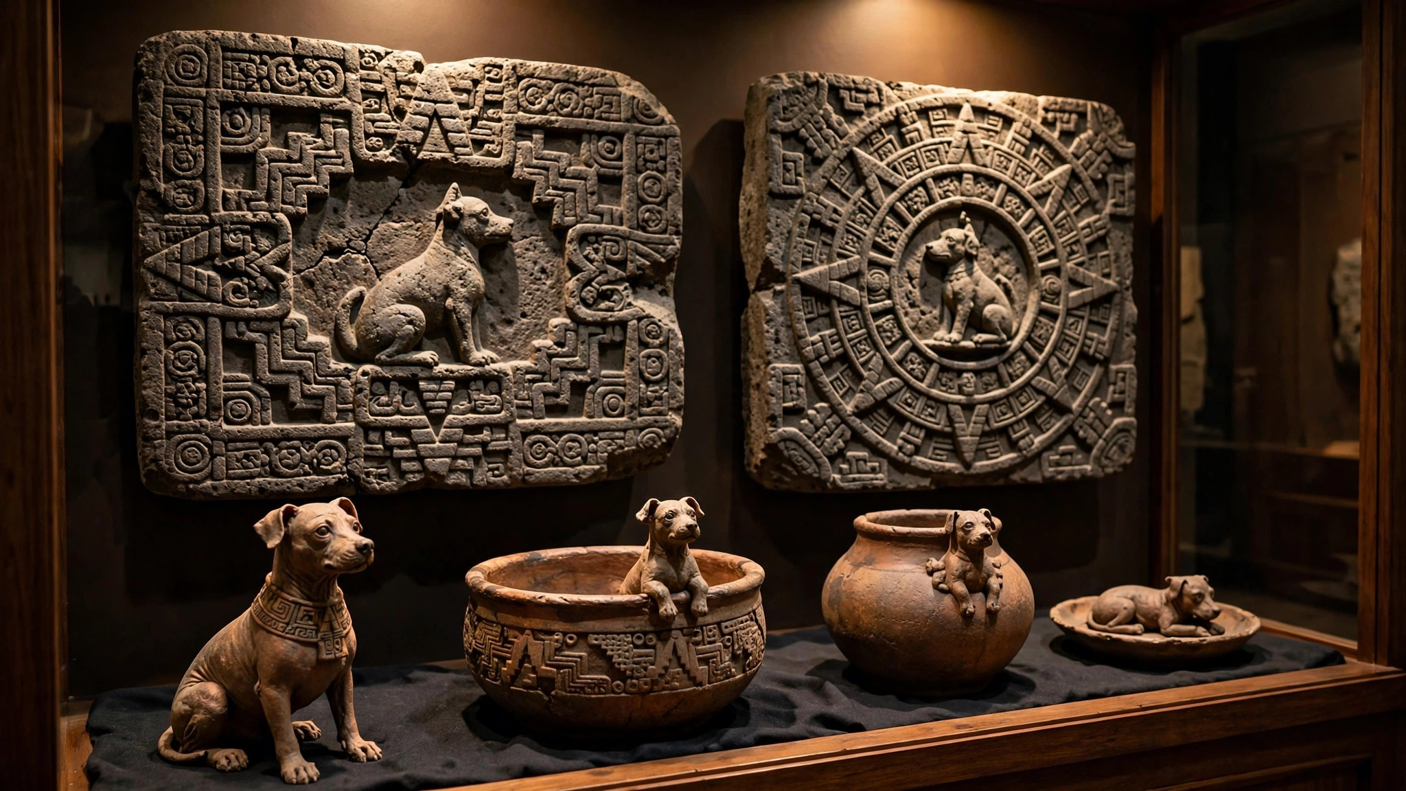 Aztec stone carvings and pottery of small dogs, museum display