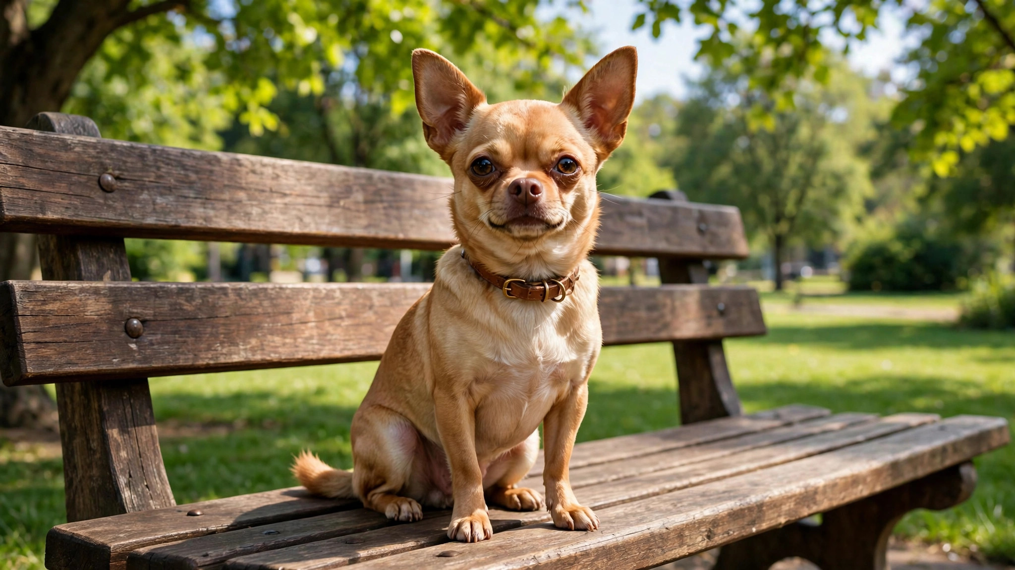 Small Chihuahua sitting on a park bench with a tiny collar