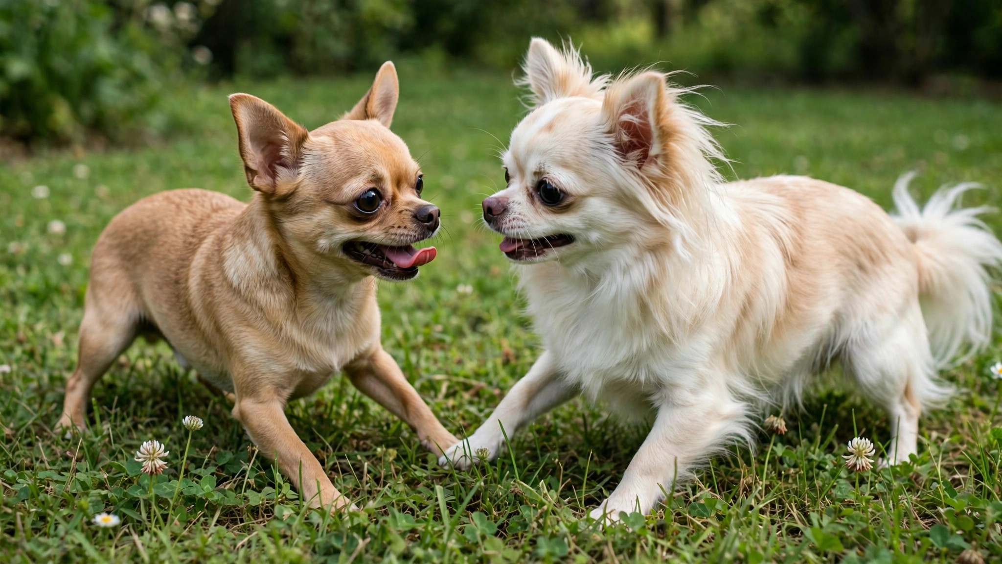 Two Chihuahuas playing on green grass