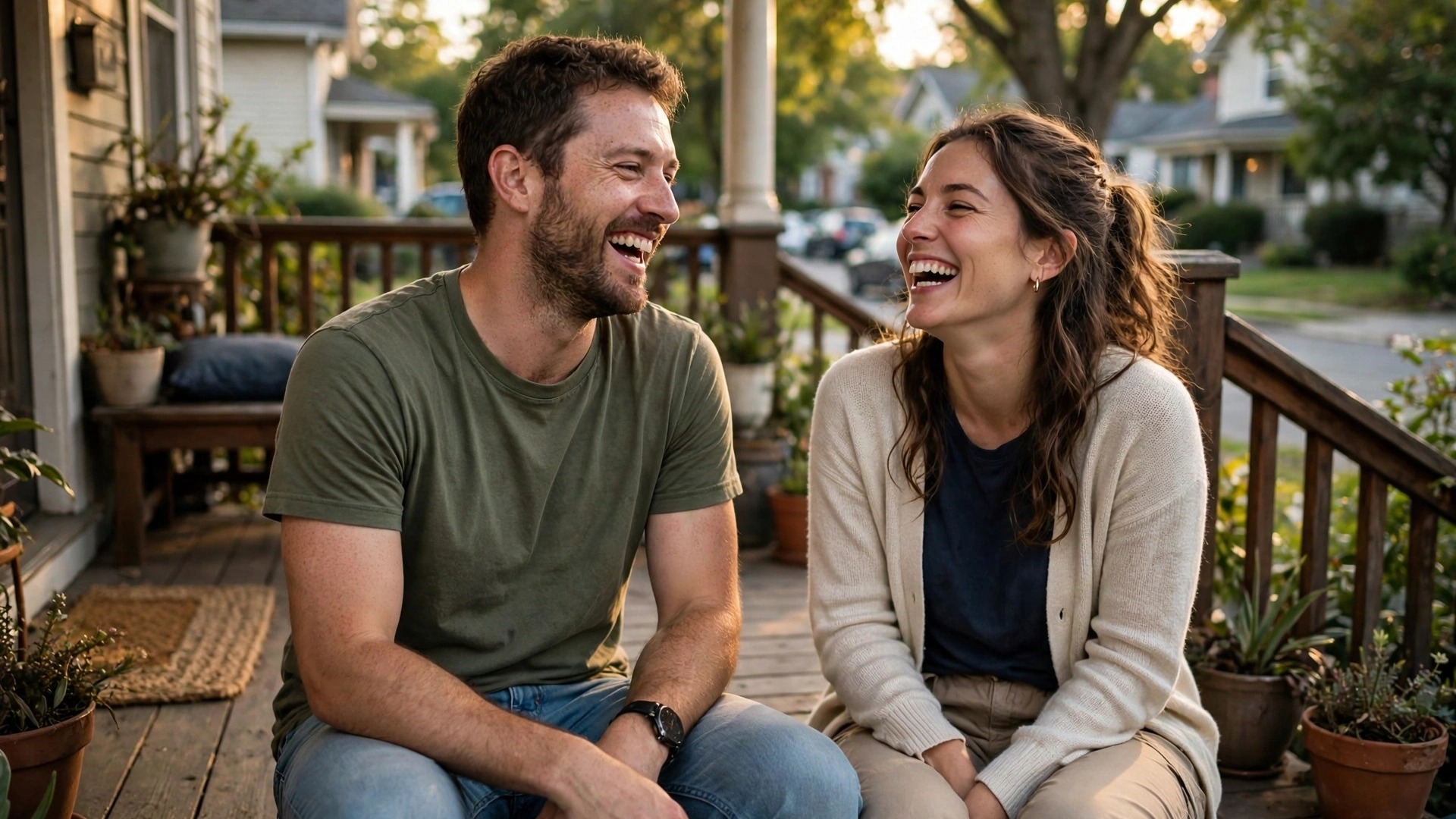 Two friends greeting each other warmly on a neighborhood porch