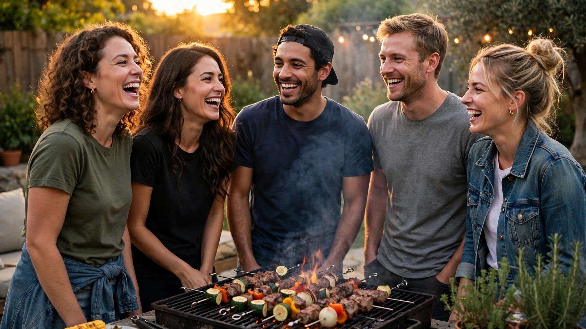 Friends laughing together at a backyard barbecue