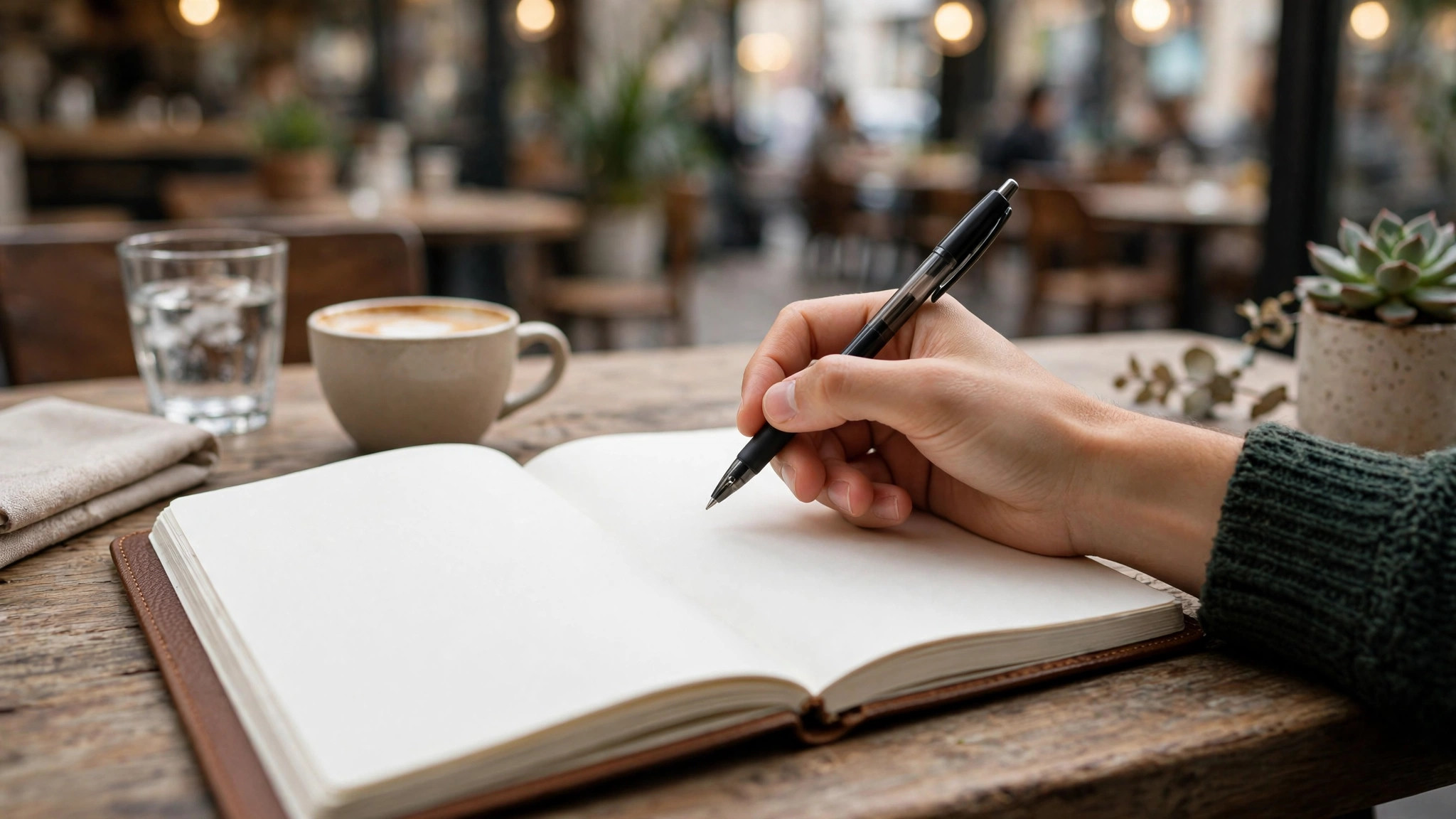 Person writing in a notebook with a fountain pen, soft light