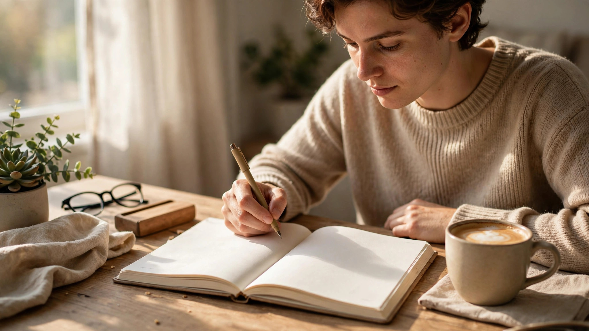 Person planning in an open planner with blank pages, coffee cup