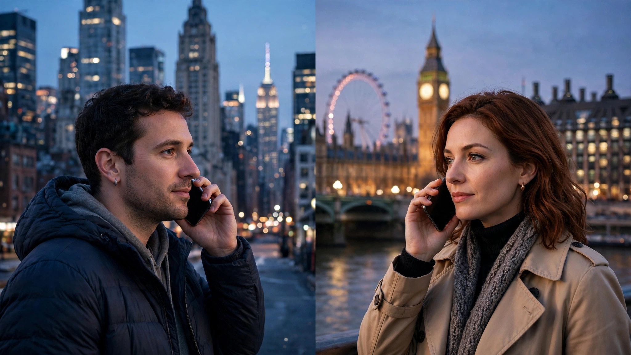 Split scene of two people on a phone call, NY and London skylines