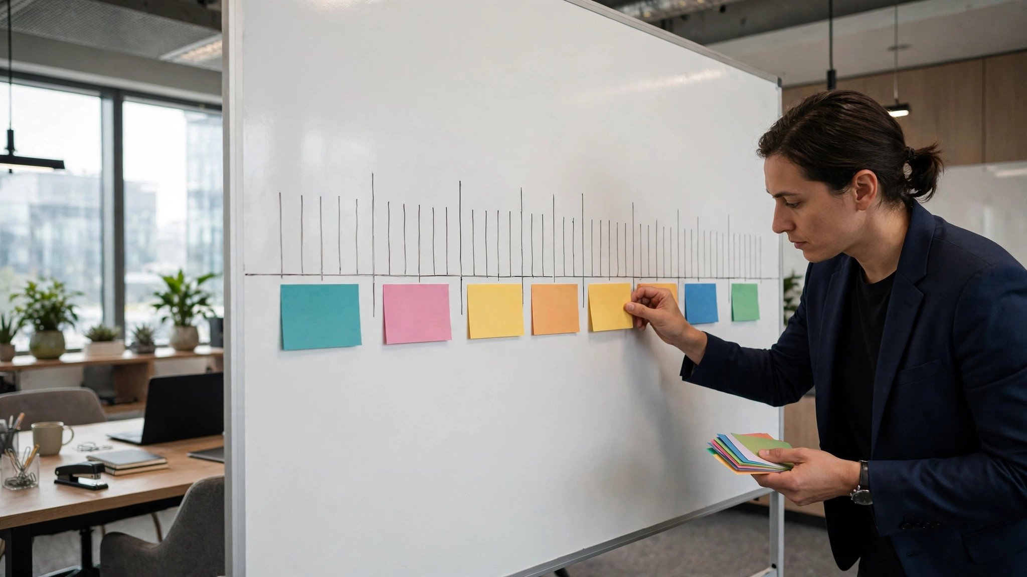 Manager arranging blank colored task cards on a whiteboard