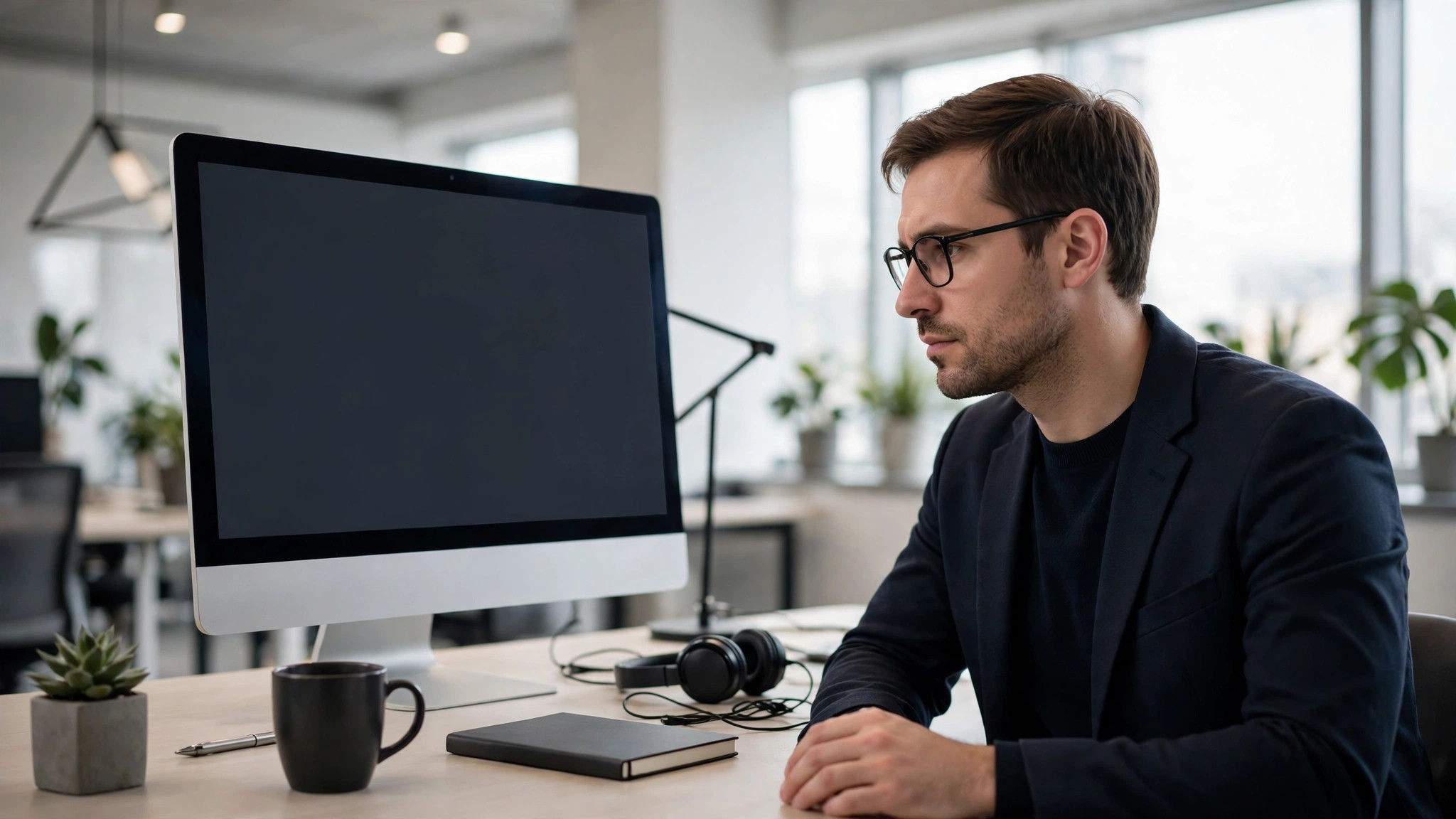 Professional at a computer with a blank screen