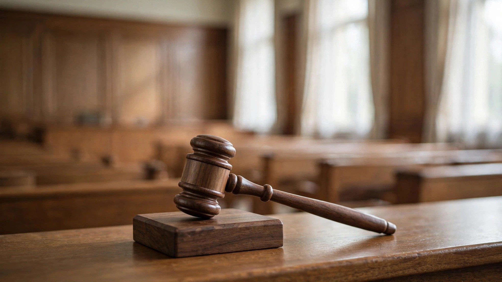 Judge's gavel on a wooden block in a courtroom