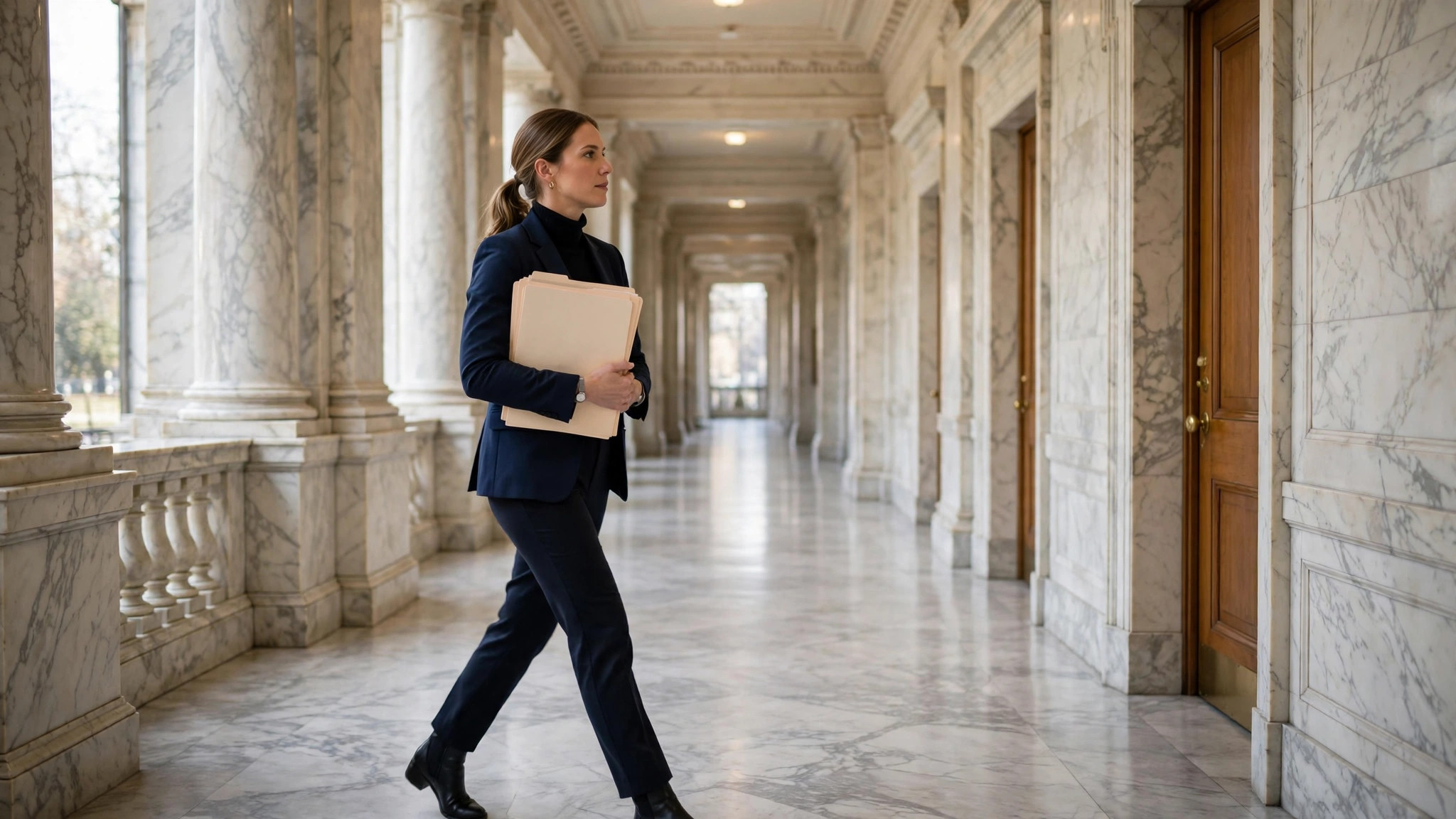 Senator's aide handing out fact sheets in a briefing room