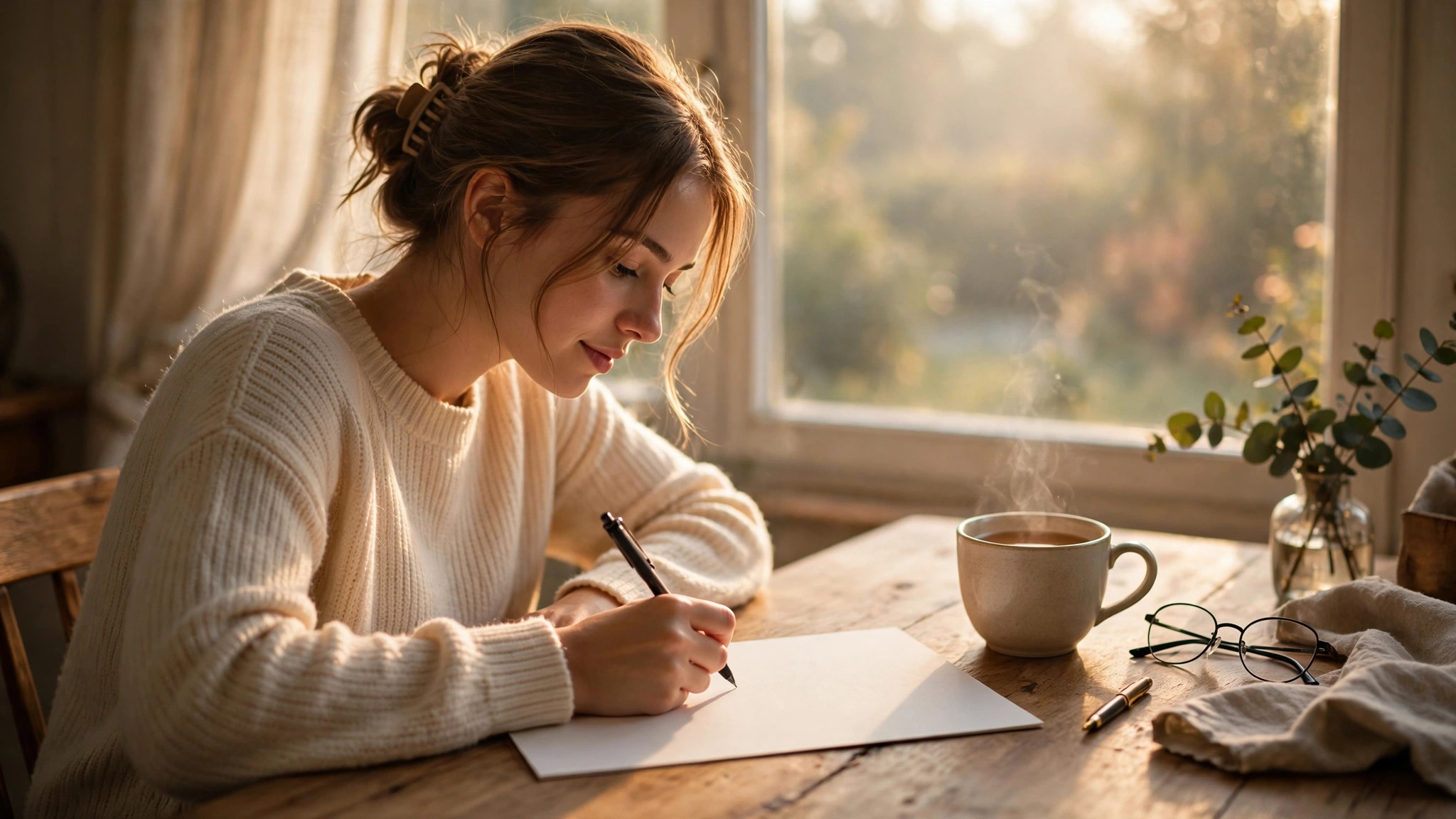 Person writing on blank stationery at a desk with tea