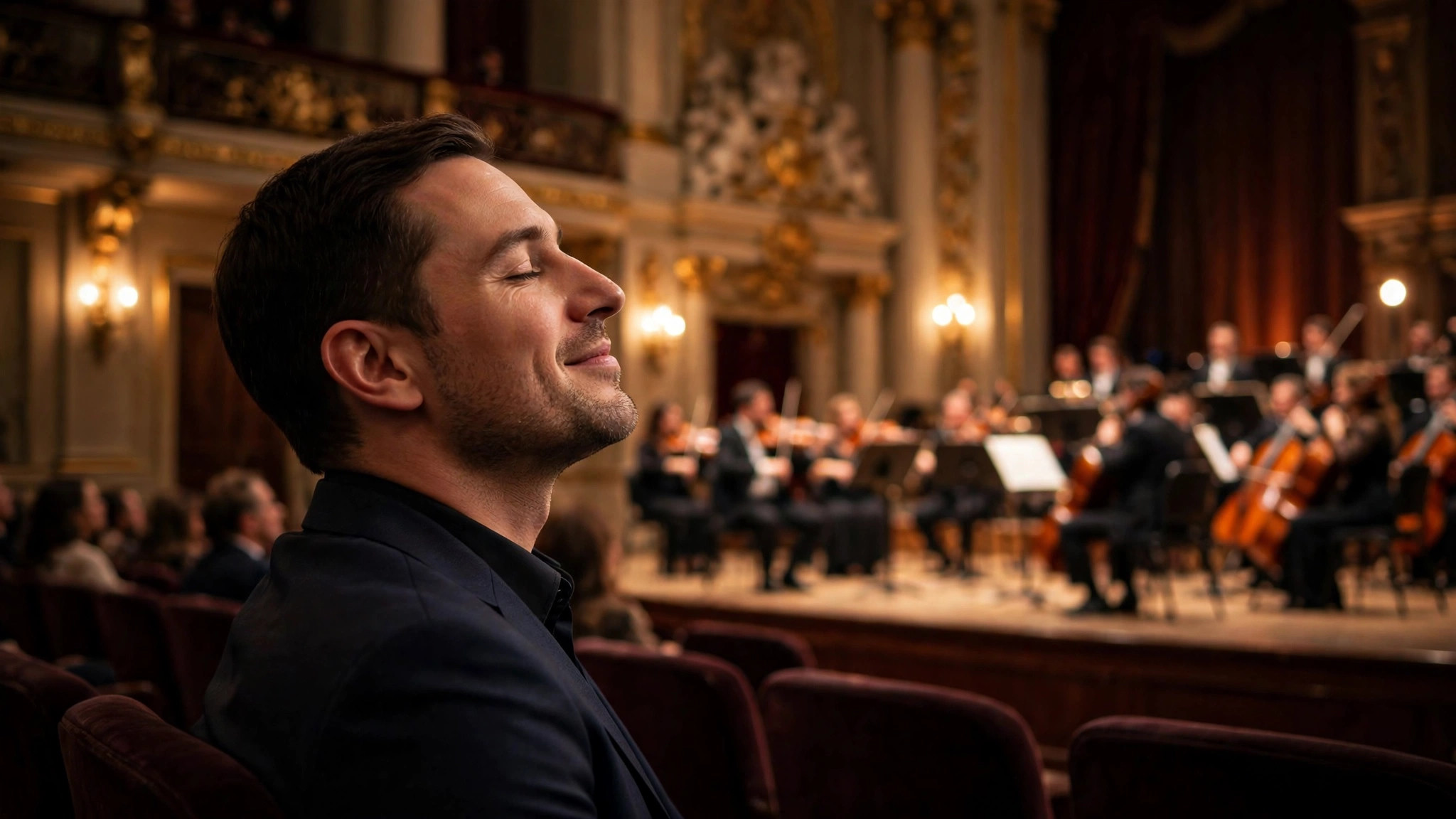 Listener with eyes closed at a classical music concert