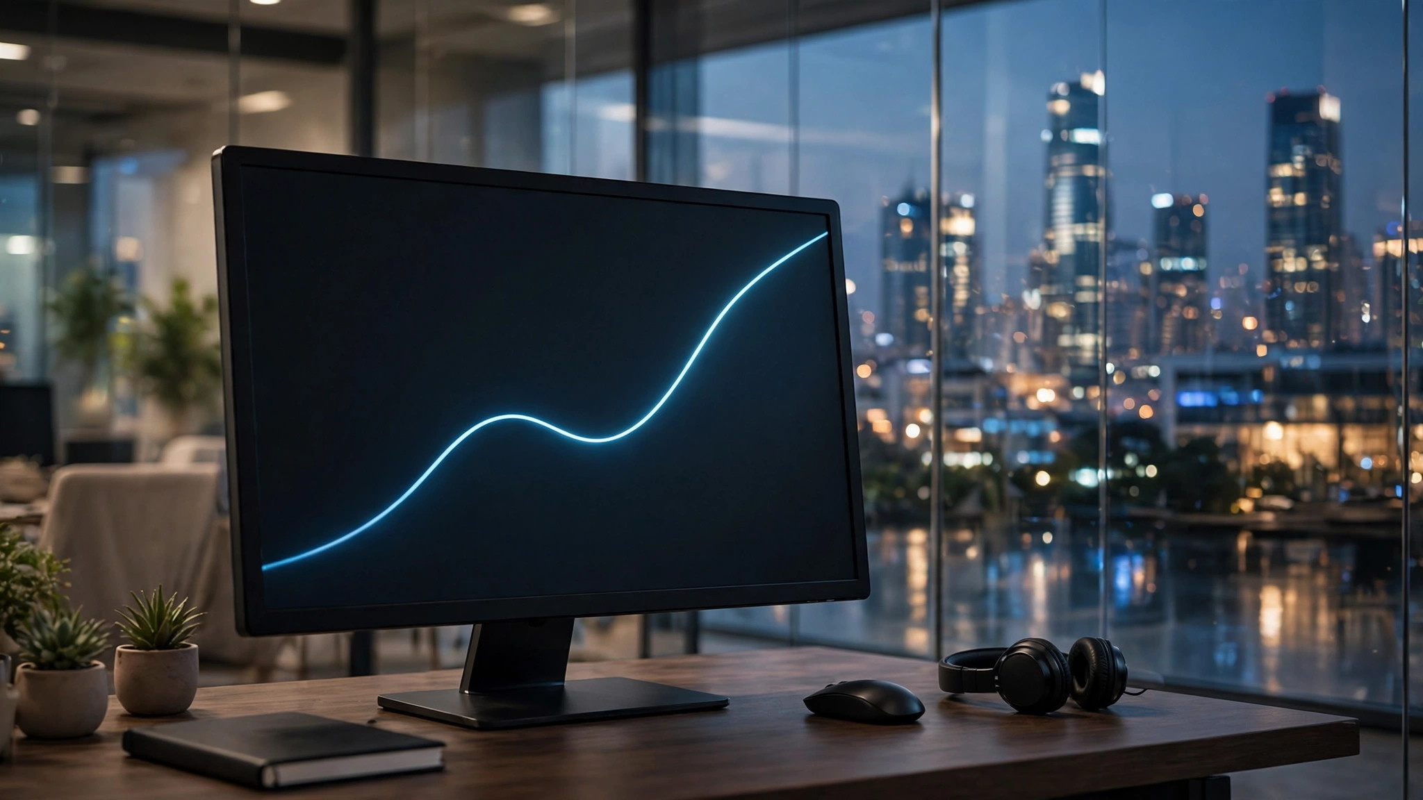 Abstract rising-line chart on a screen, skyline reflected, no numbers