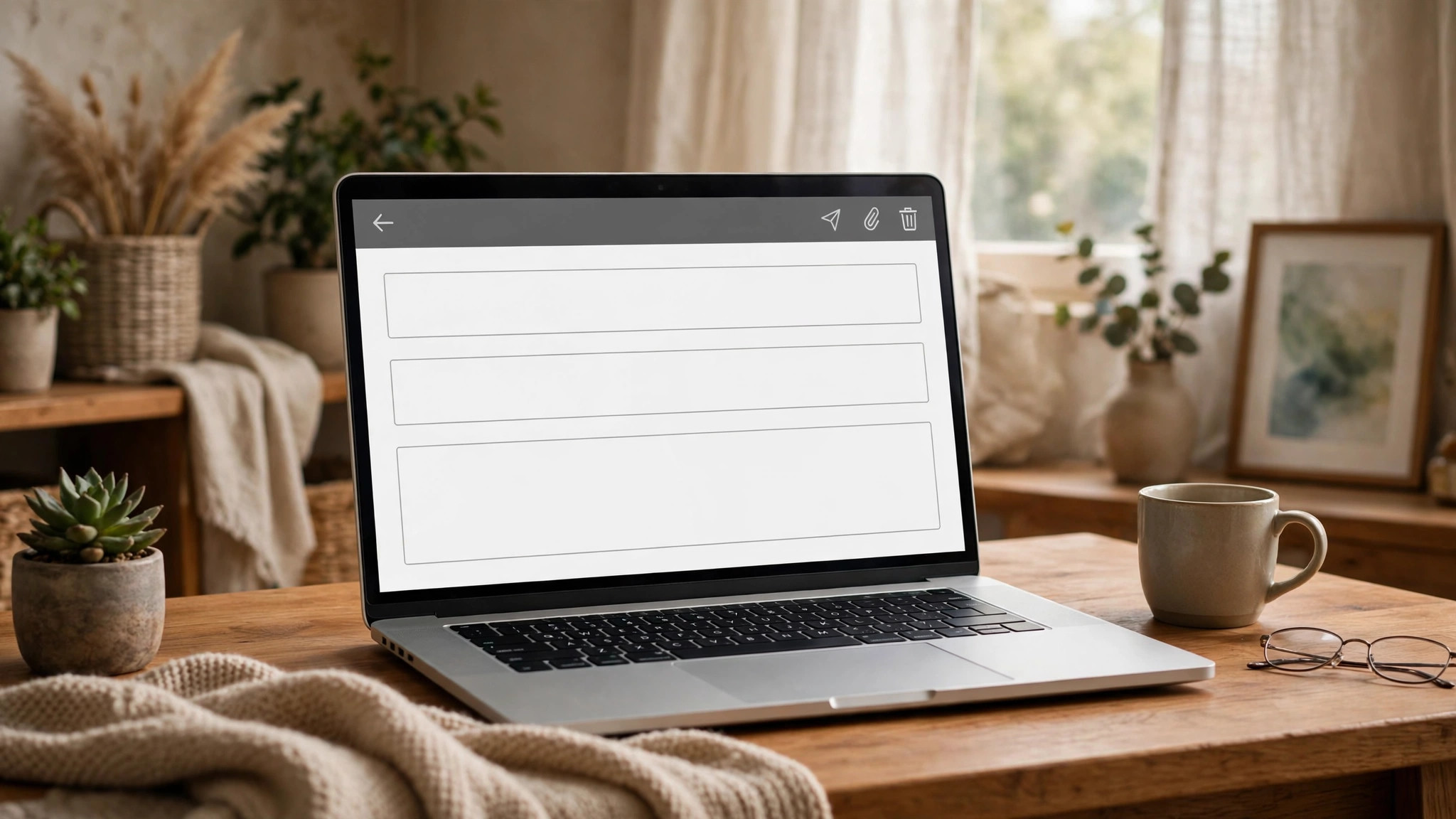 Laptop with a blank email interface in a home office