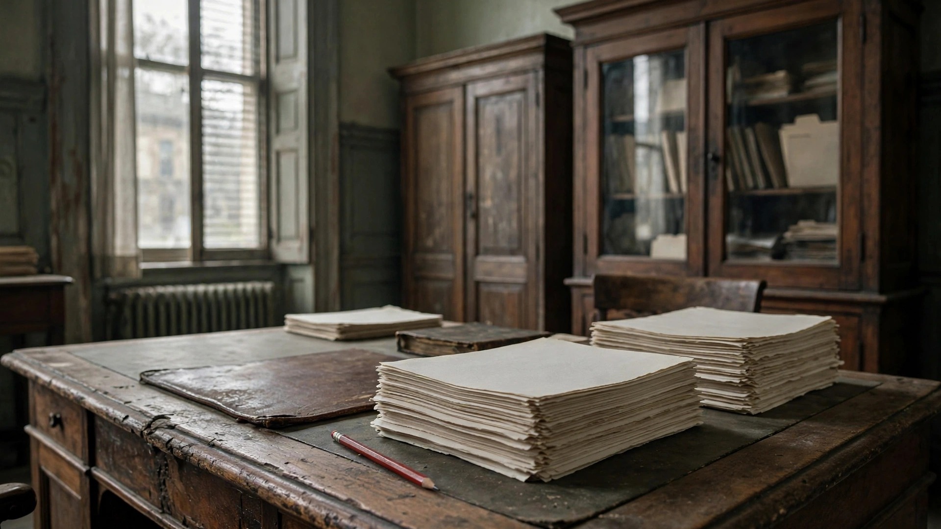 Person with a red pencil editing a manuscript at a desk