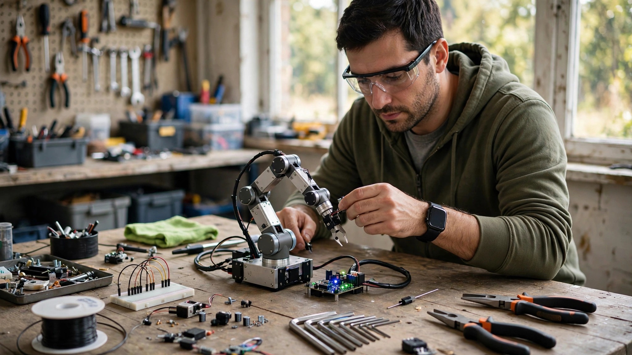 Engineer testing a circuit board with sensors on a bench