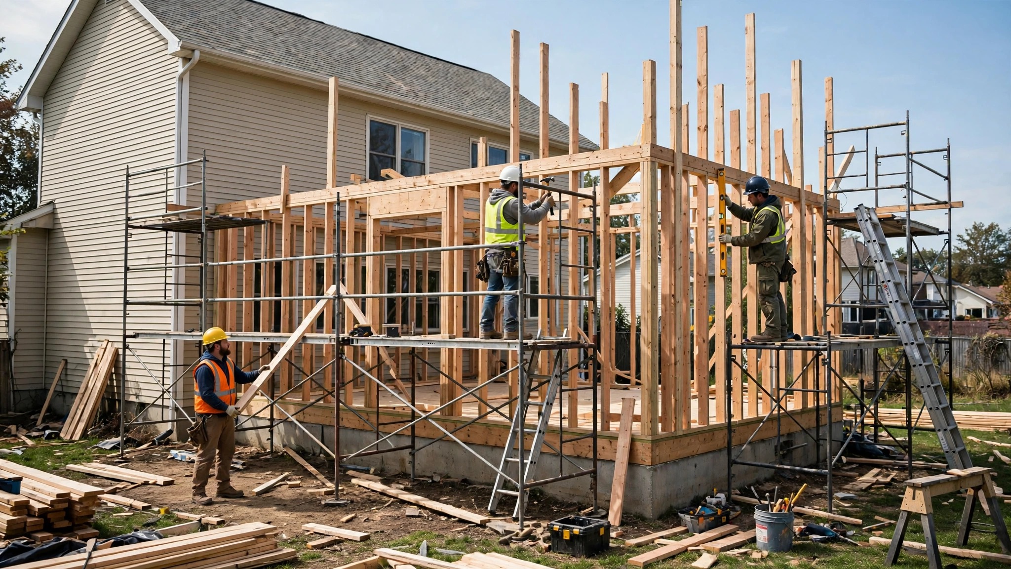 Construction crew framing a new room addition onto a house