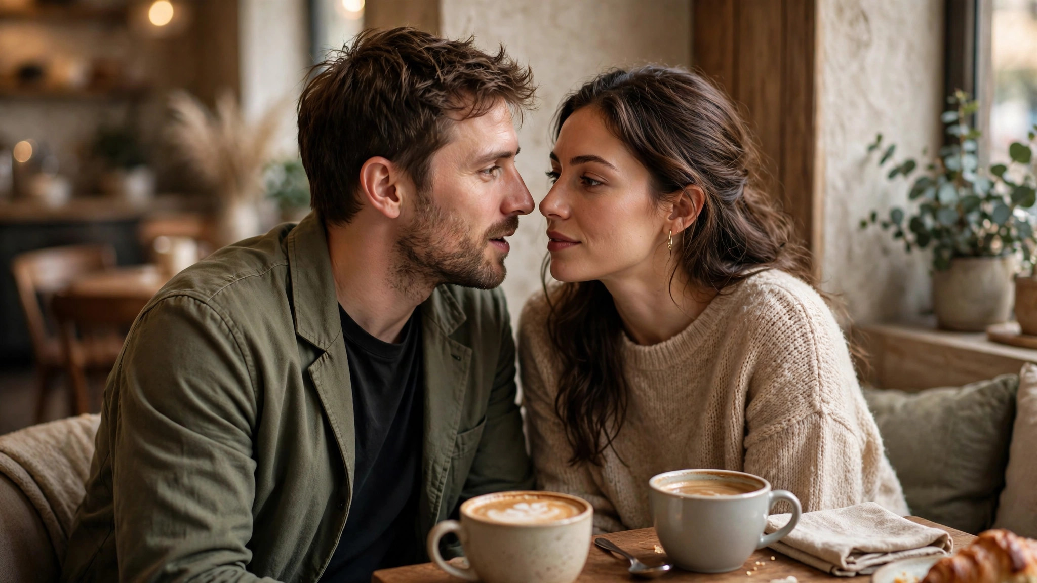 Two people in conversation, one gesturing subtly