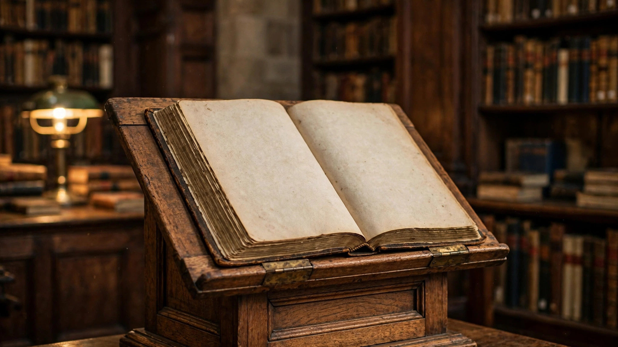 Antique open book with blank aged pages on a lectern