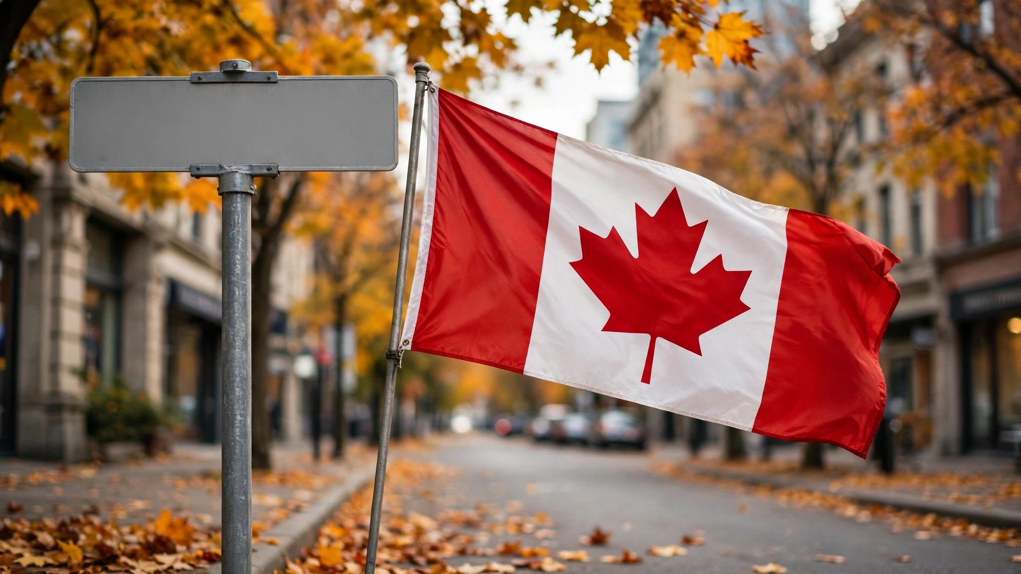 Maple leaf flag beside a blank street sign post