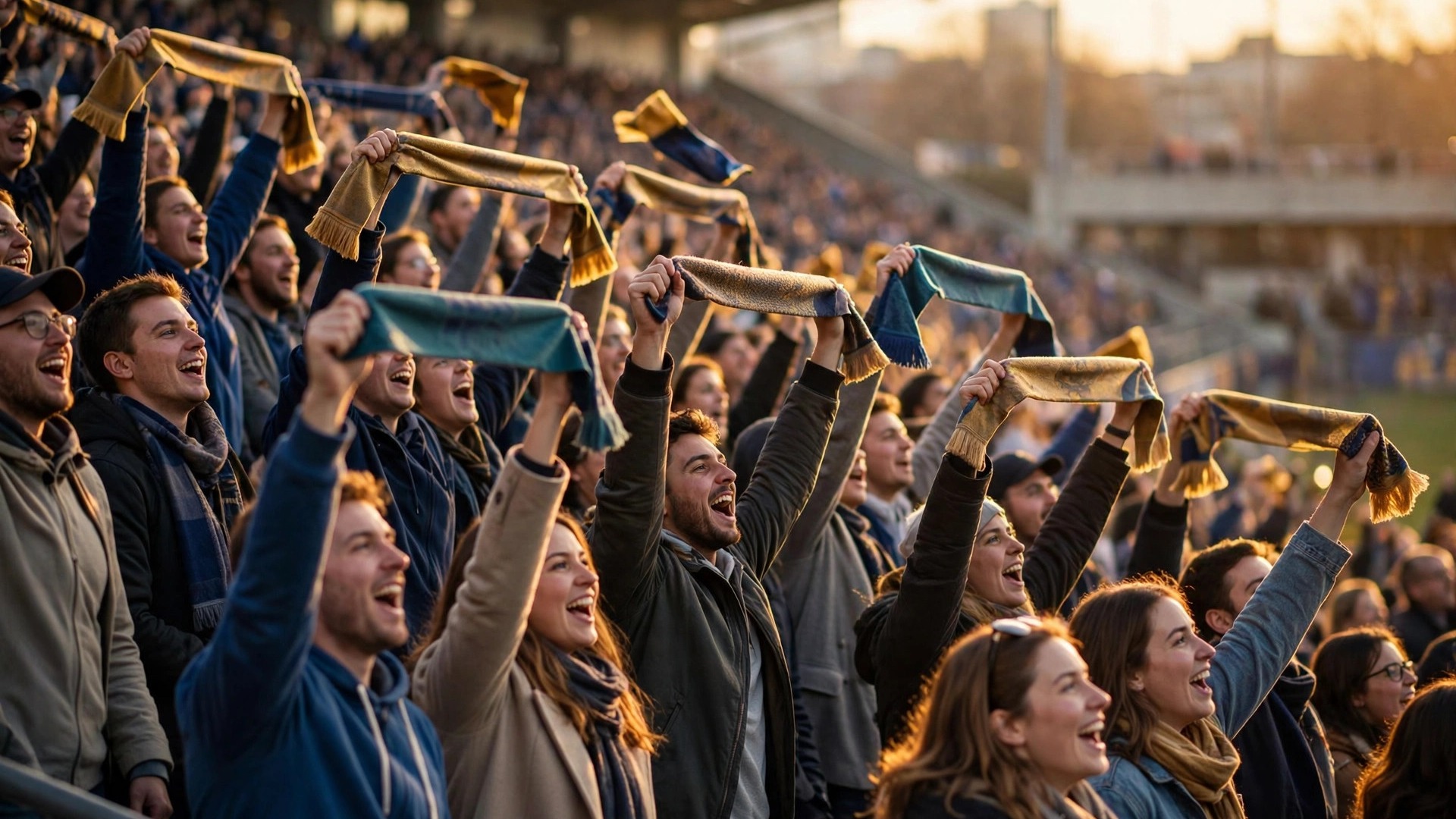 Cheering sports fans holding scarves in a stadium