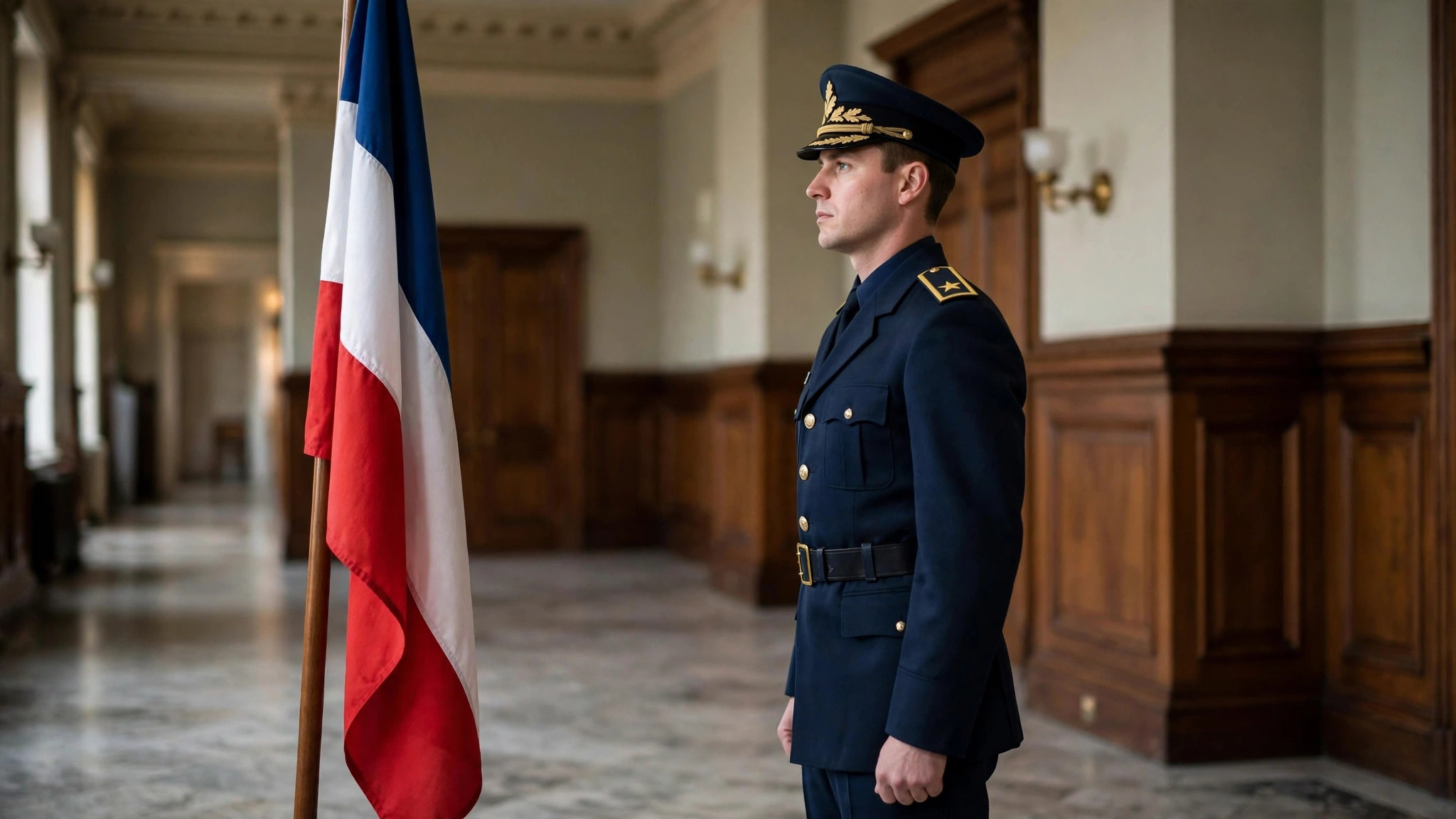 Military officer in uniform standing at attention