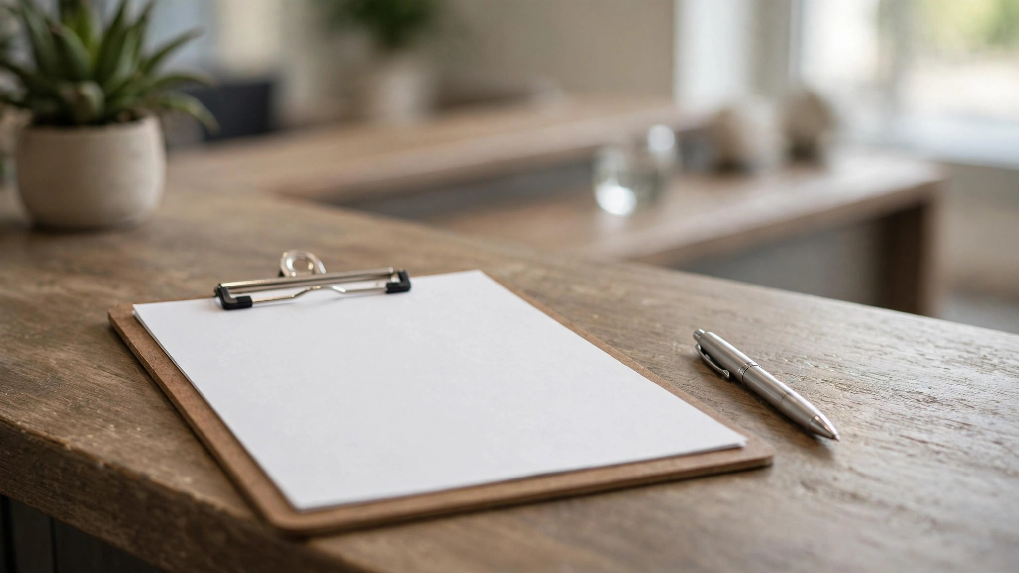 Person holding a clipboard with a questionnaire at a reception desk