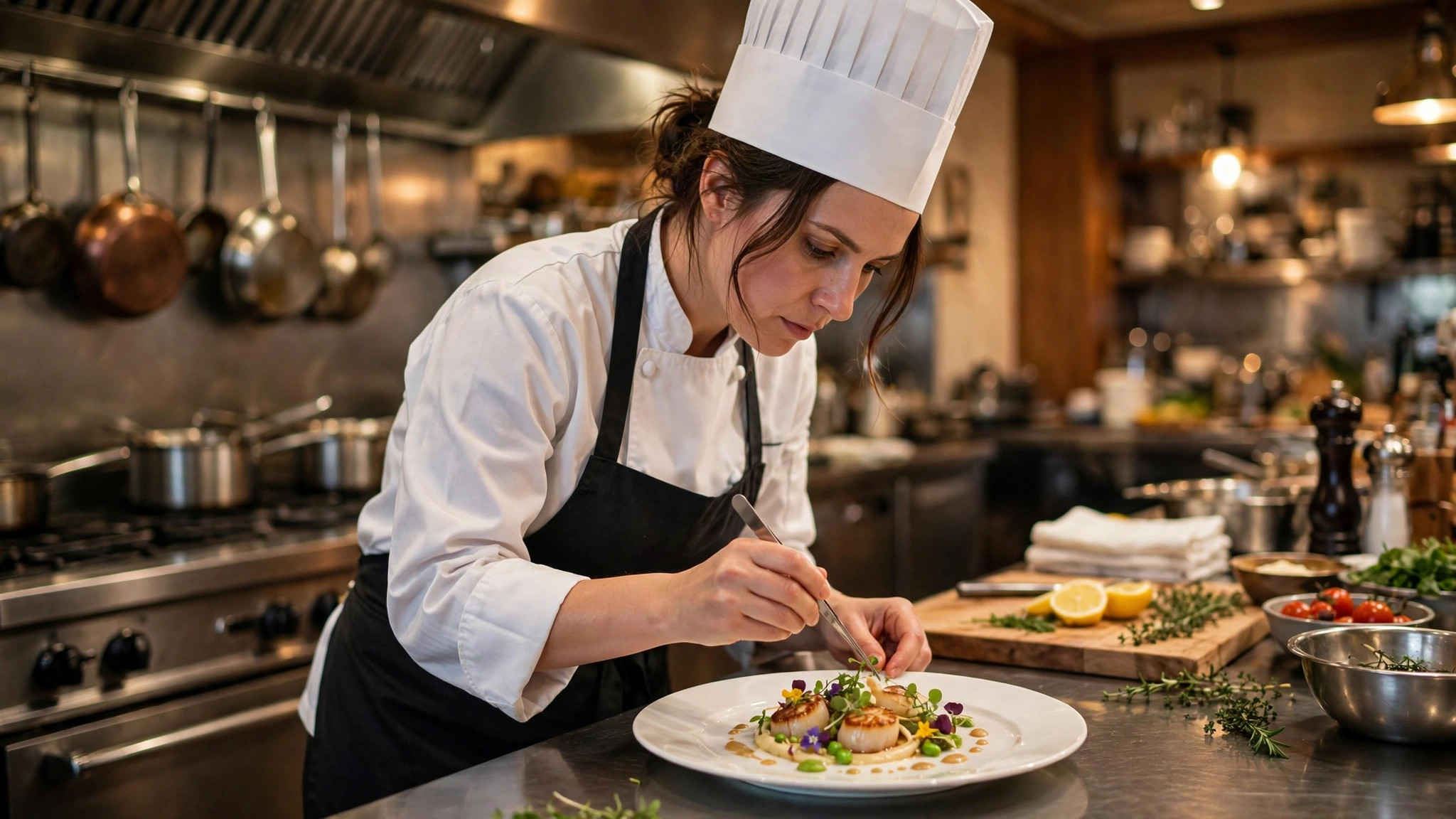 Chef plating a dish in a professional kitchen