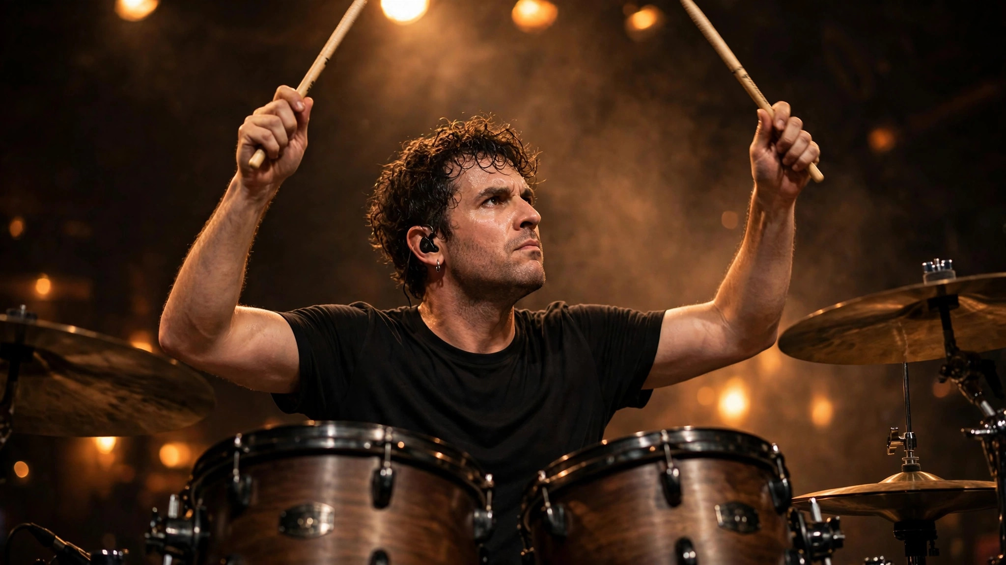 Drummer playing a drum kit on stage under lights