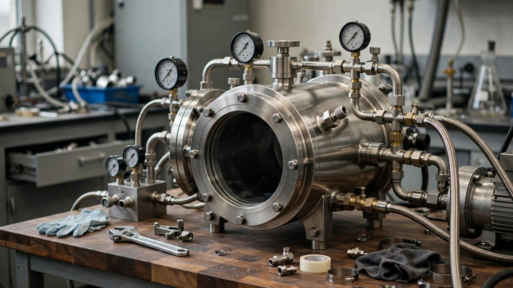 Scientist working with a vacuum chamber in a laboratory
