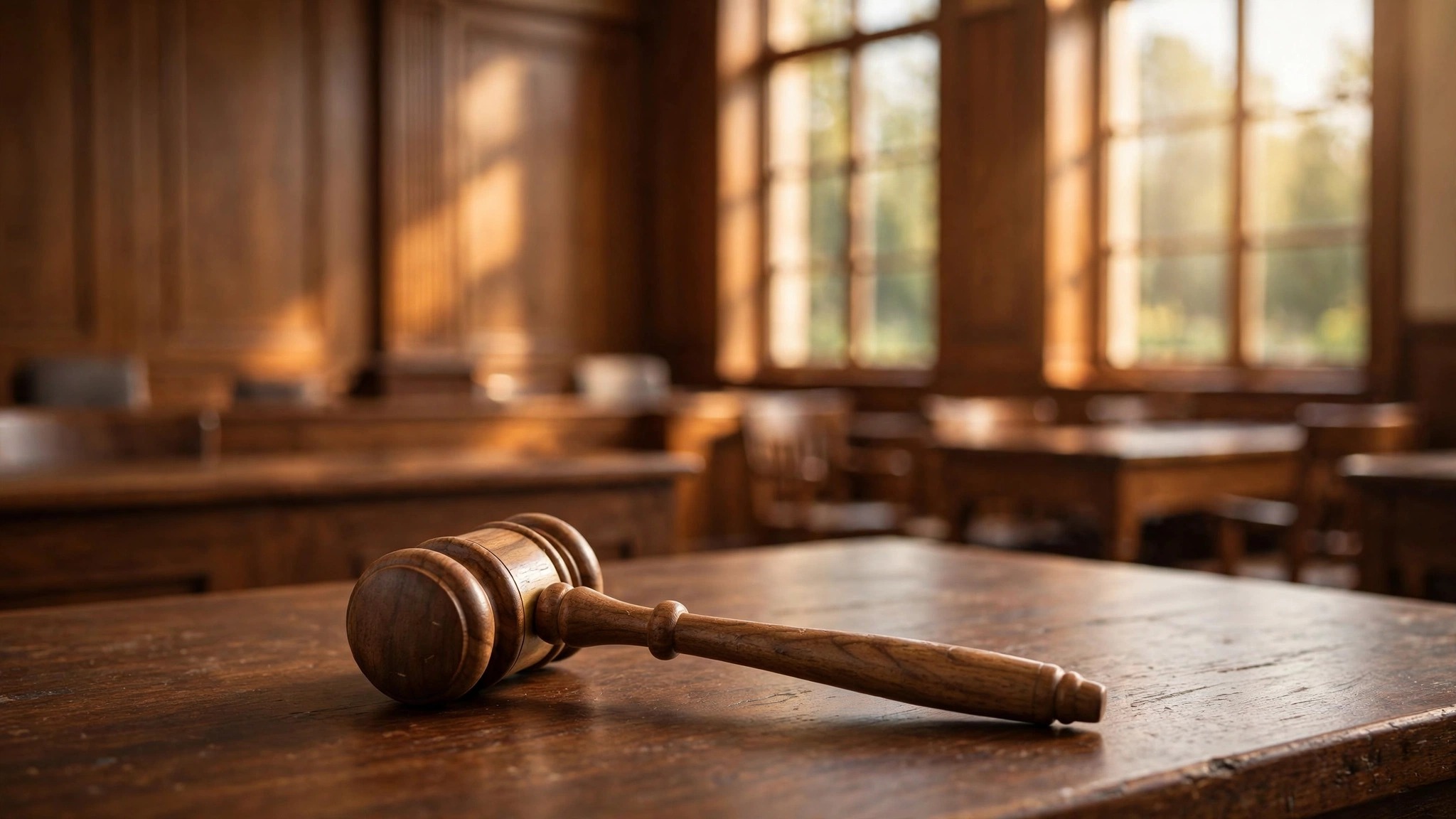 Wooden gavel resting on a block beside a rule book