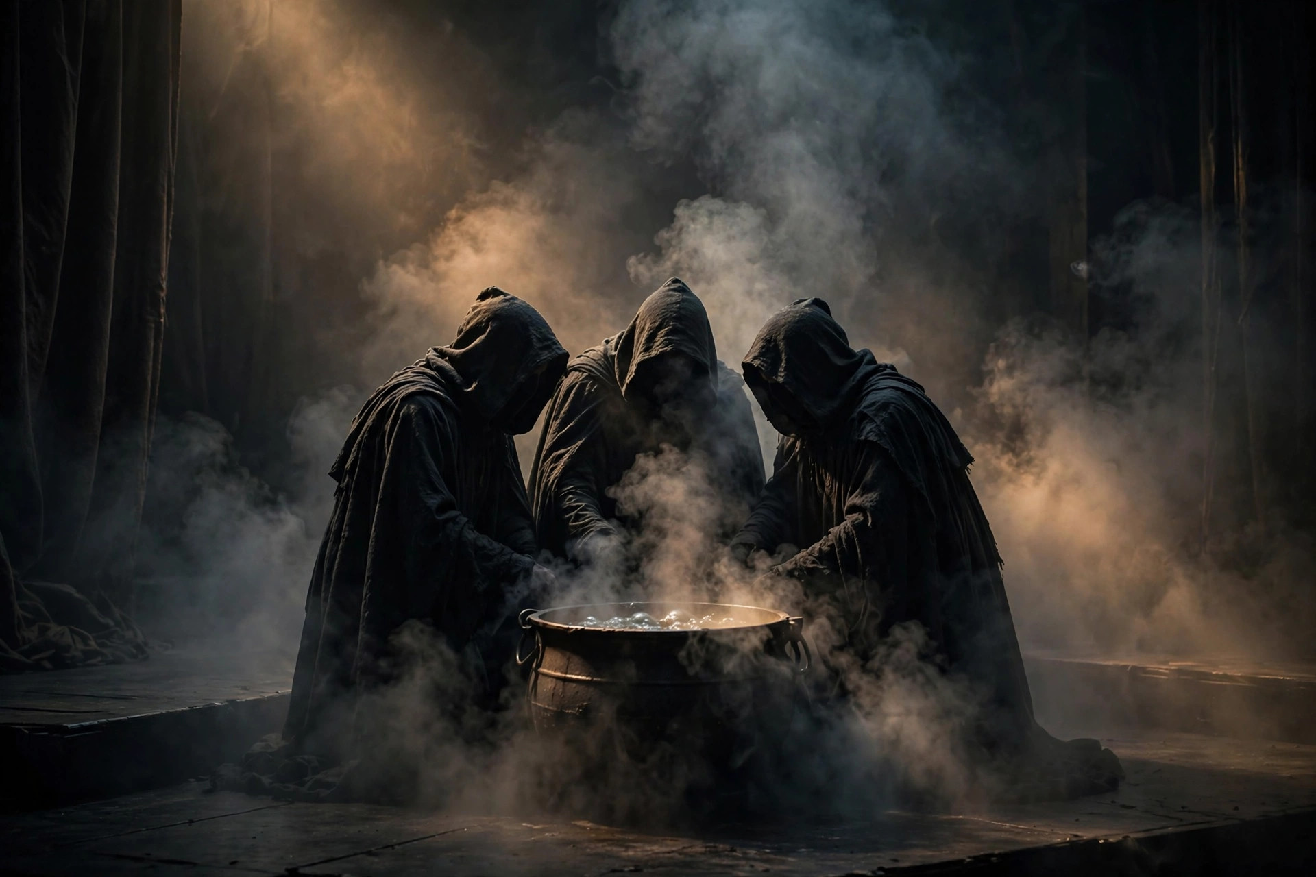 Three witches standing in a misty forest at night