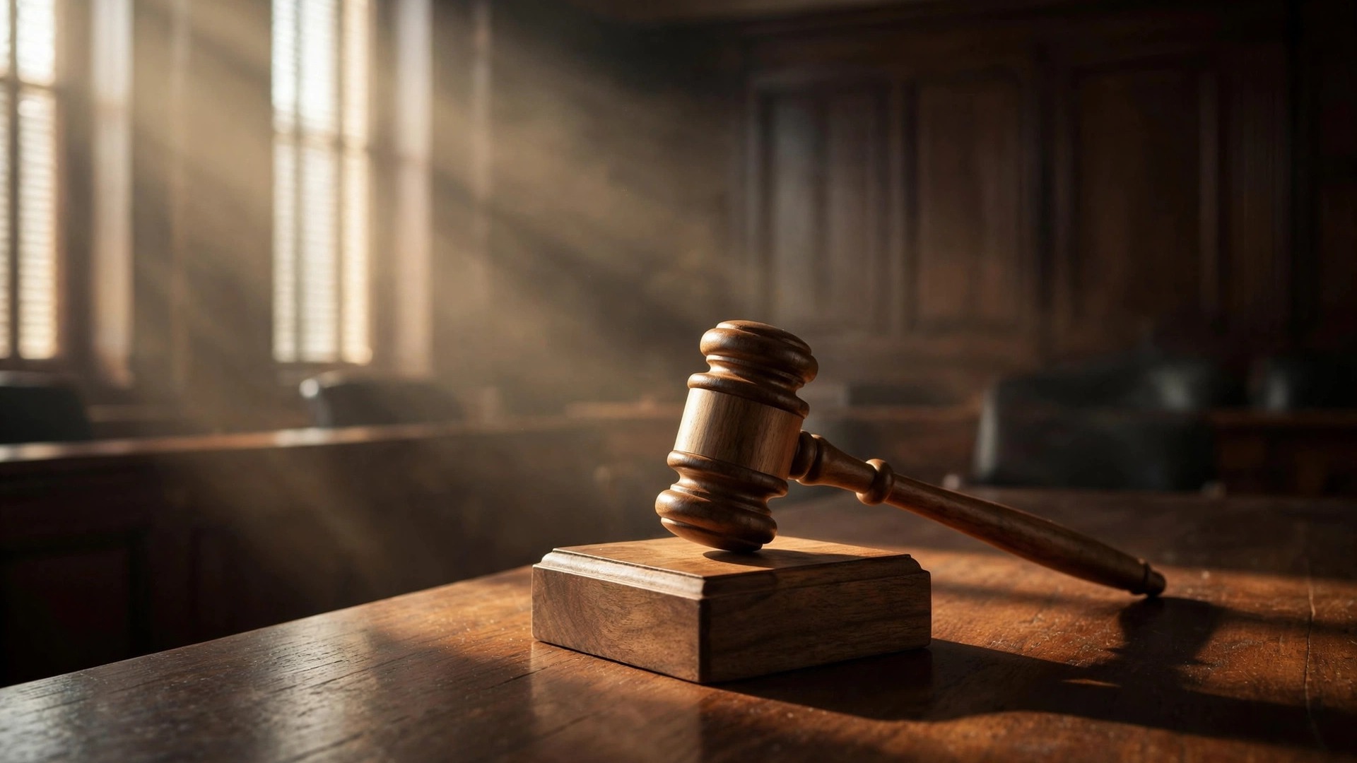 Judge's gavel on a wooden block in a courtroom