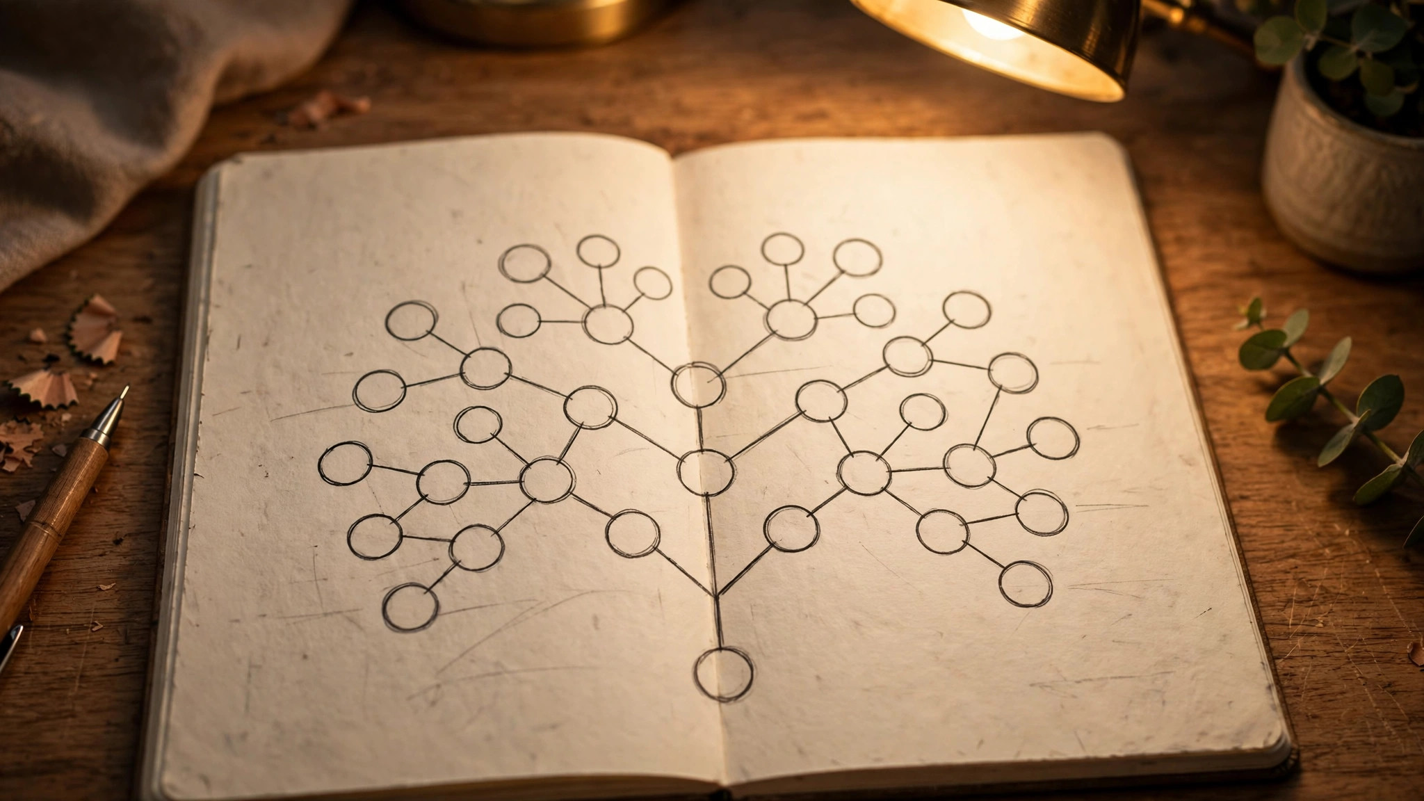 Notebook with blank-circle family-tree diagram