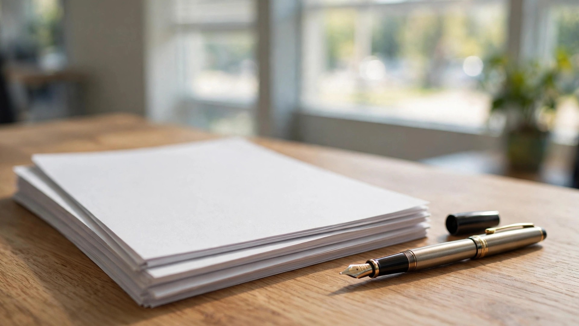 Blank document pages with a fountain pen beside them