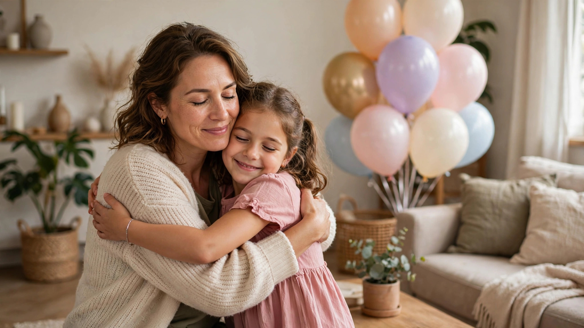 Aunt hugging young niece at a family gathering, balloons