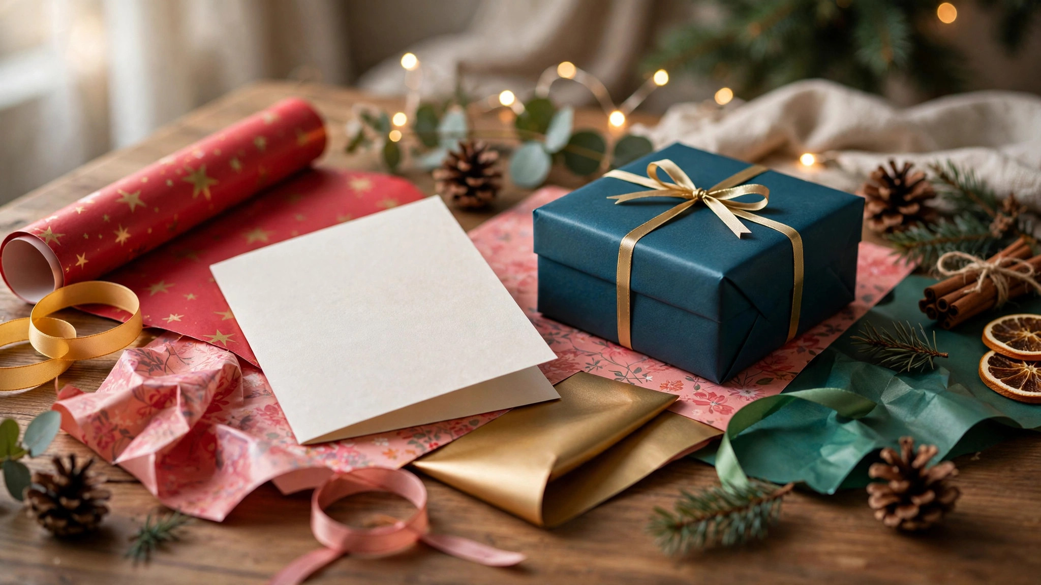 Blank greeting card and gift box with colorful wrapping