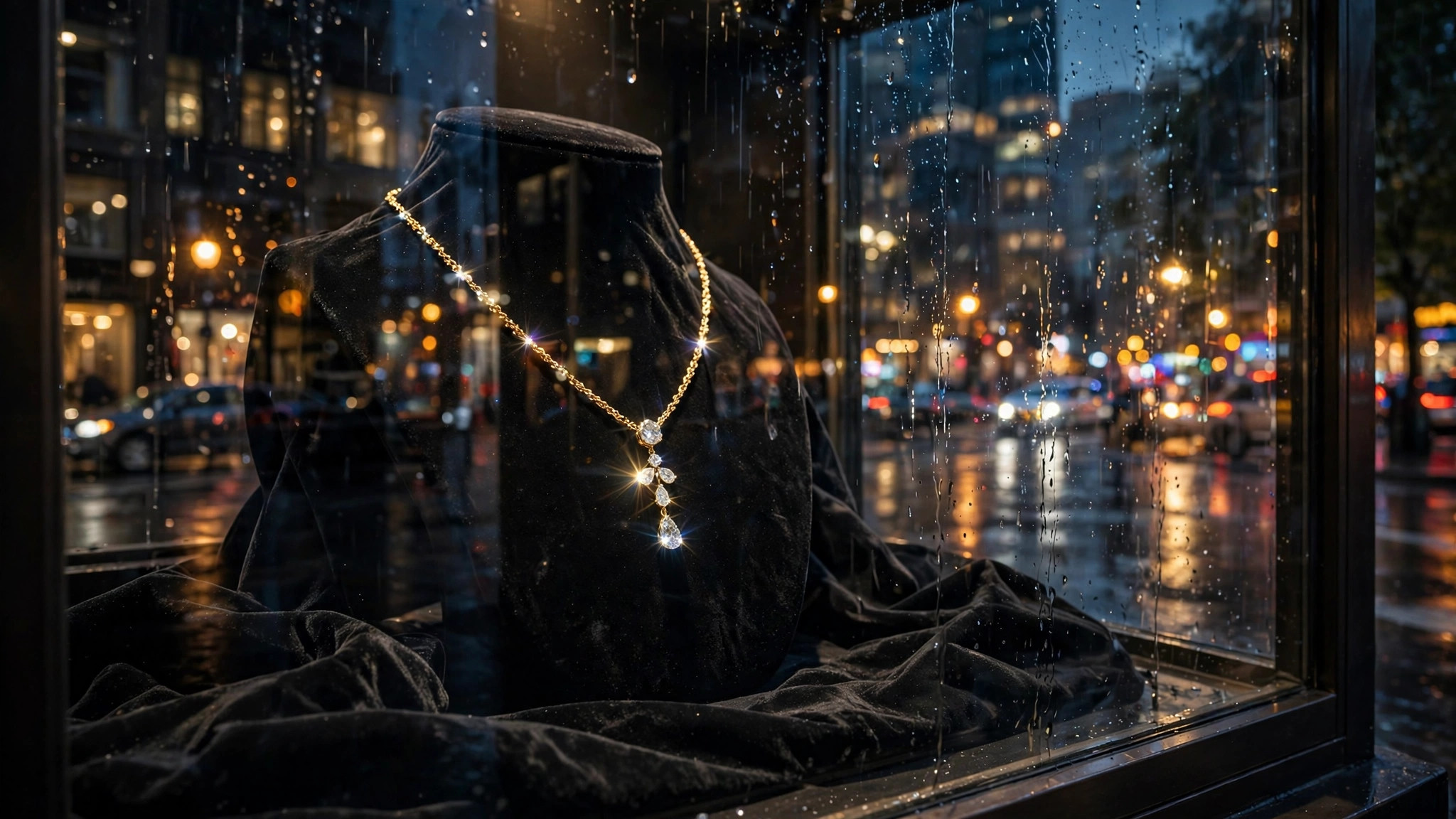 Jeweler's shop window at night with a shiny necklace on display