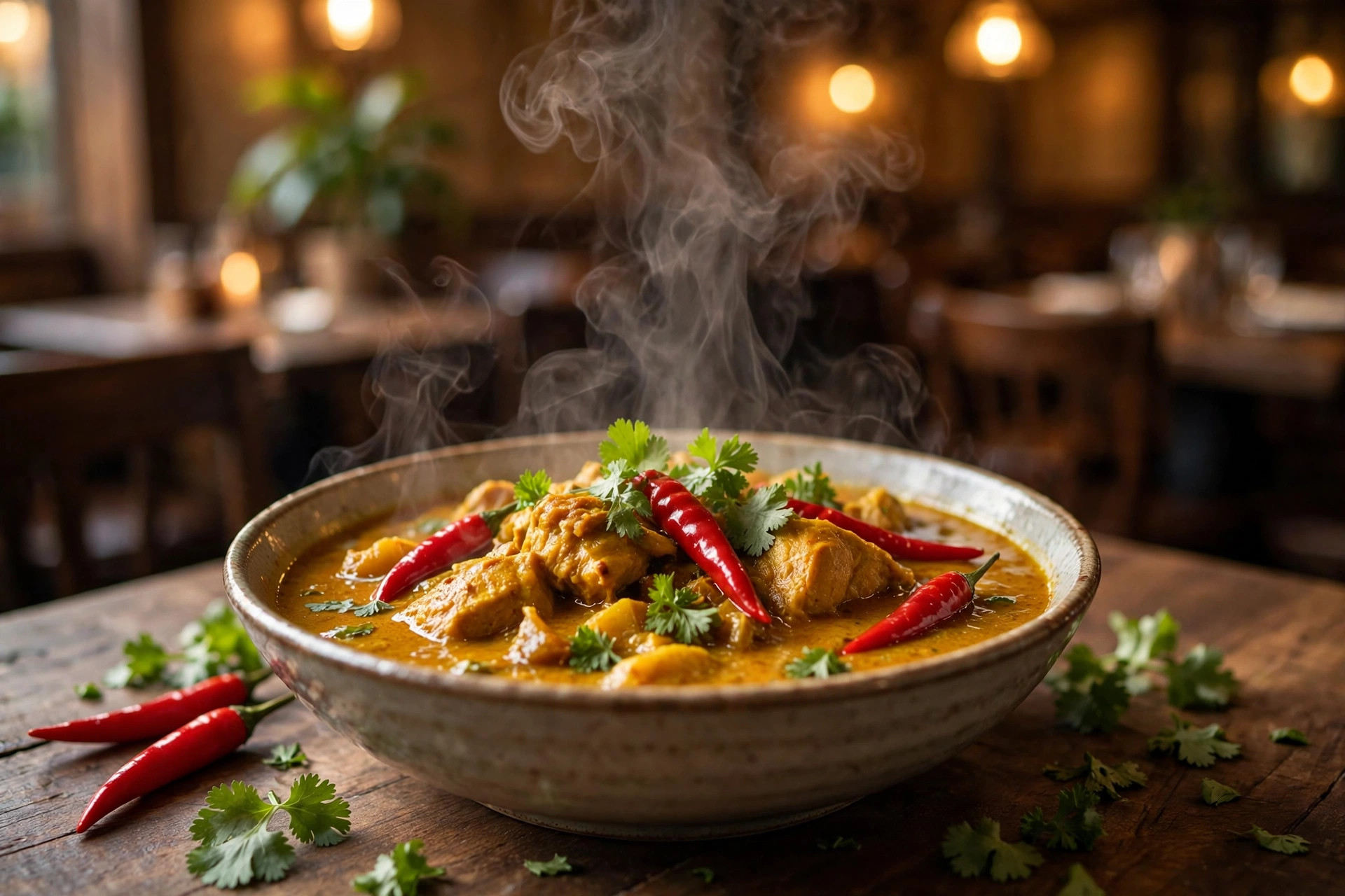 Food reviewer tasting a spicy curry at a restaurant