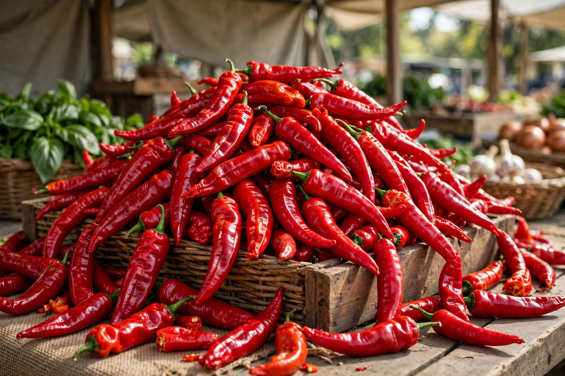 Chili peppers of different colors on a market stall