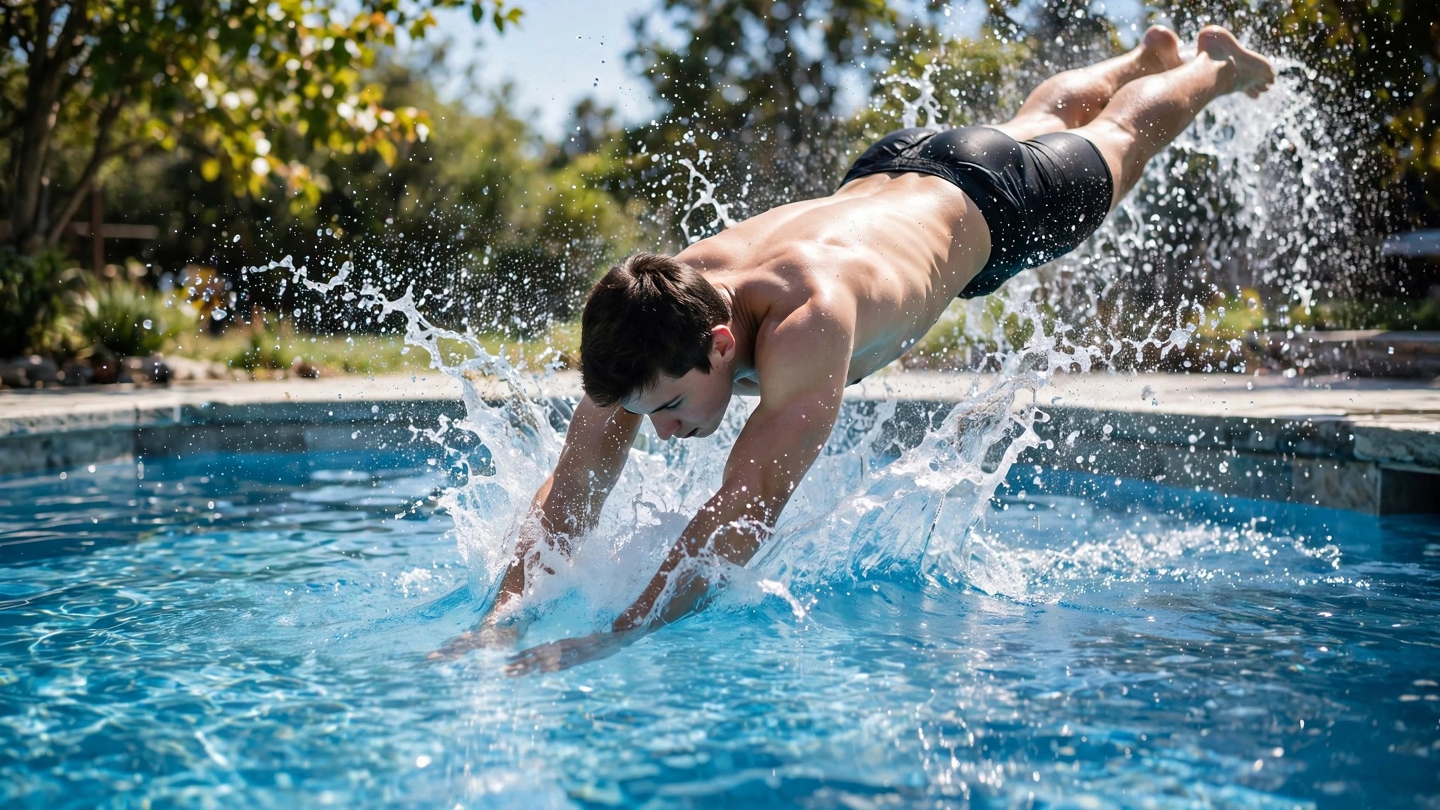 Swimmer diving into a pool, mid-air