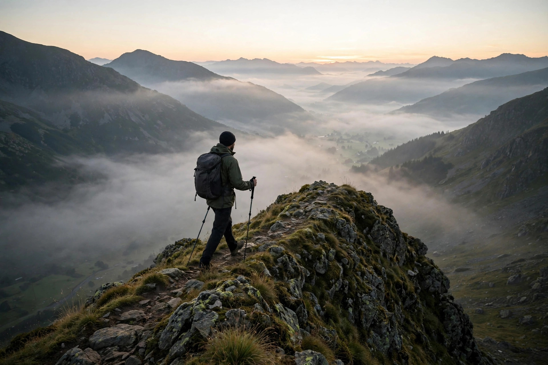 Hiker walking a mountain trail with a backpack