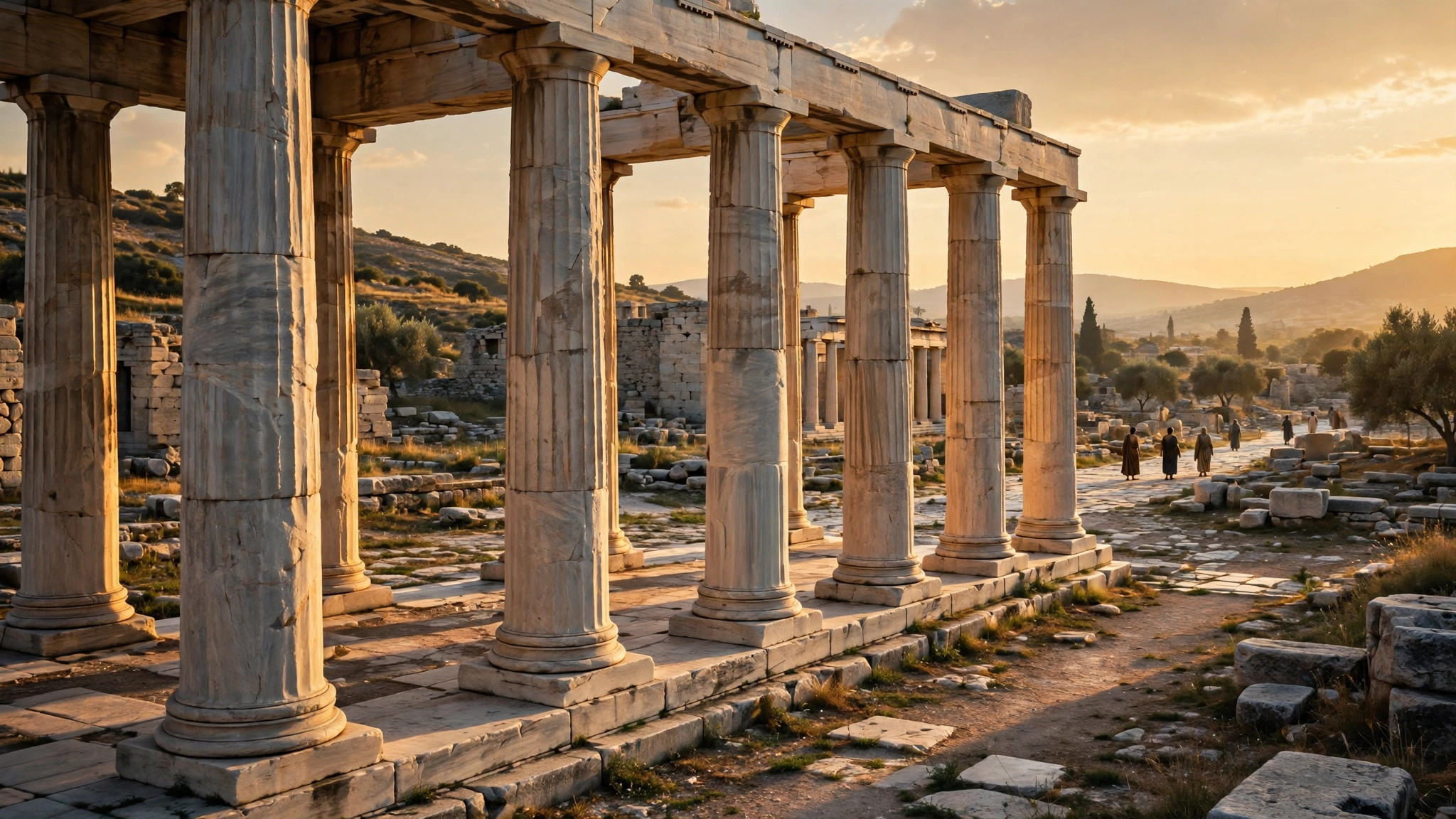 Ancient Greek marble columns and Athenian agora at golden hour