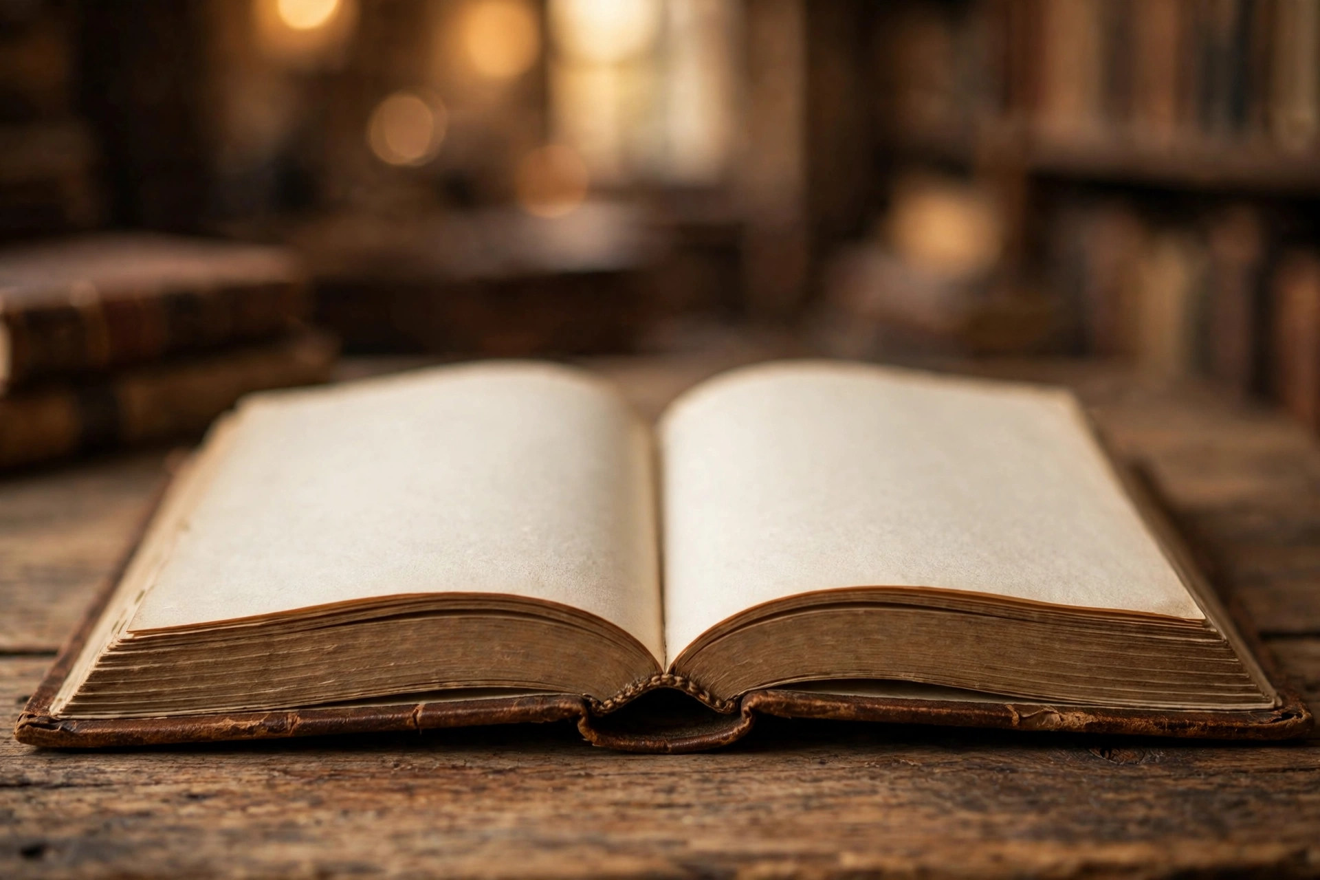 Open antique book with blank pages in warm library light