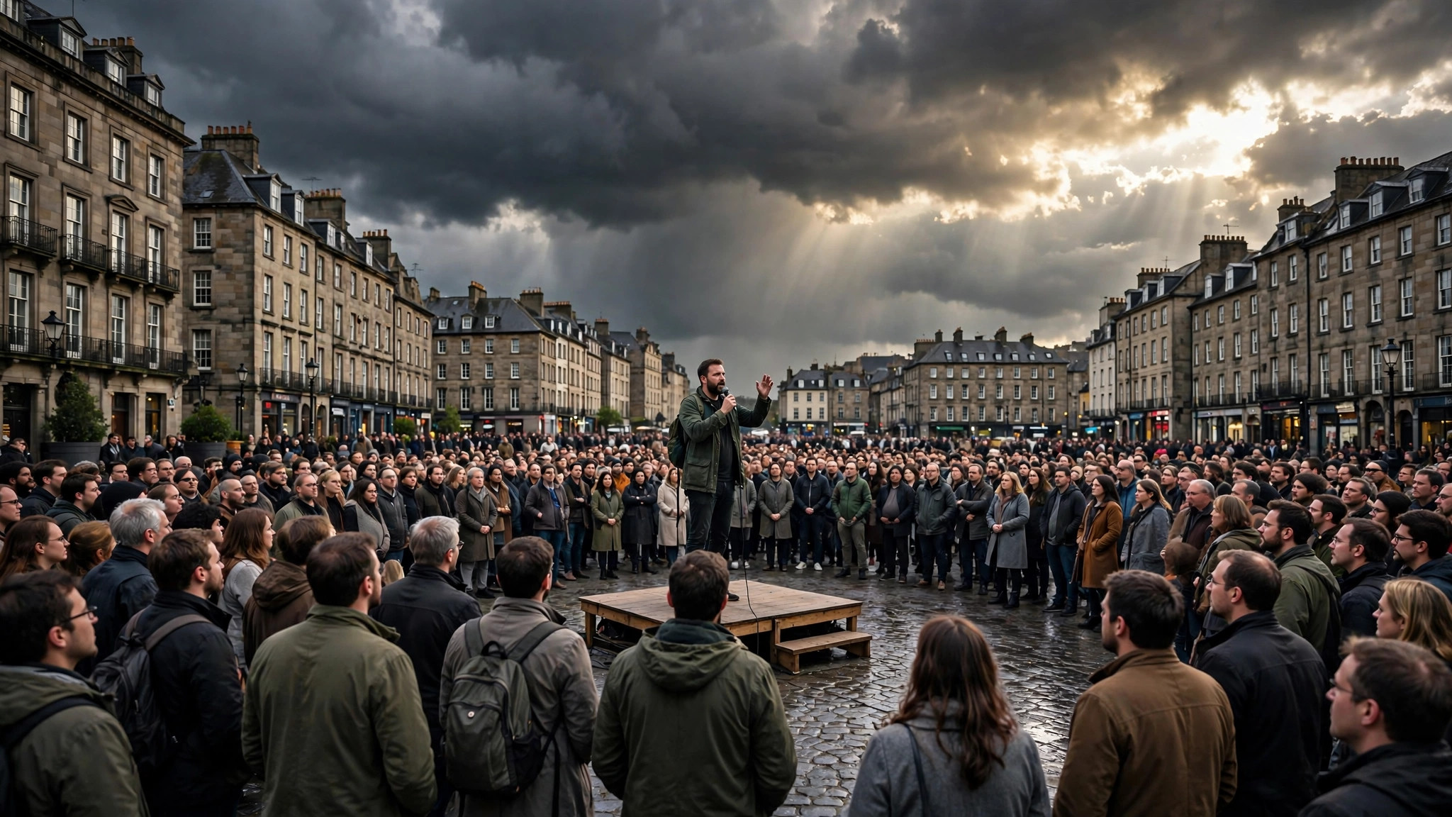 Speaker addressing a crowd in a city square