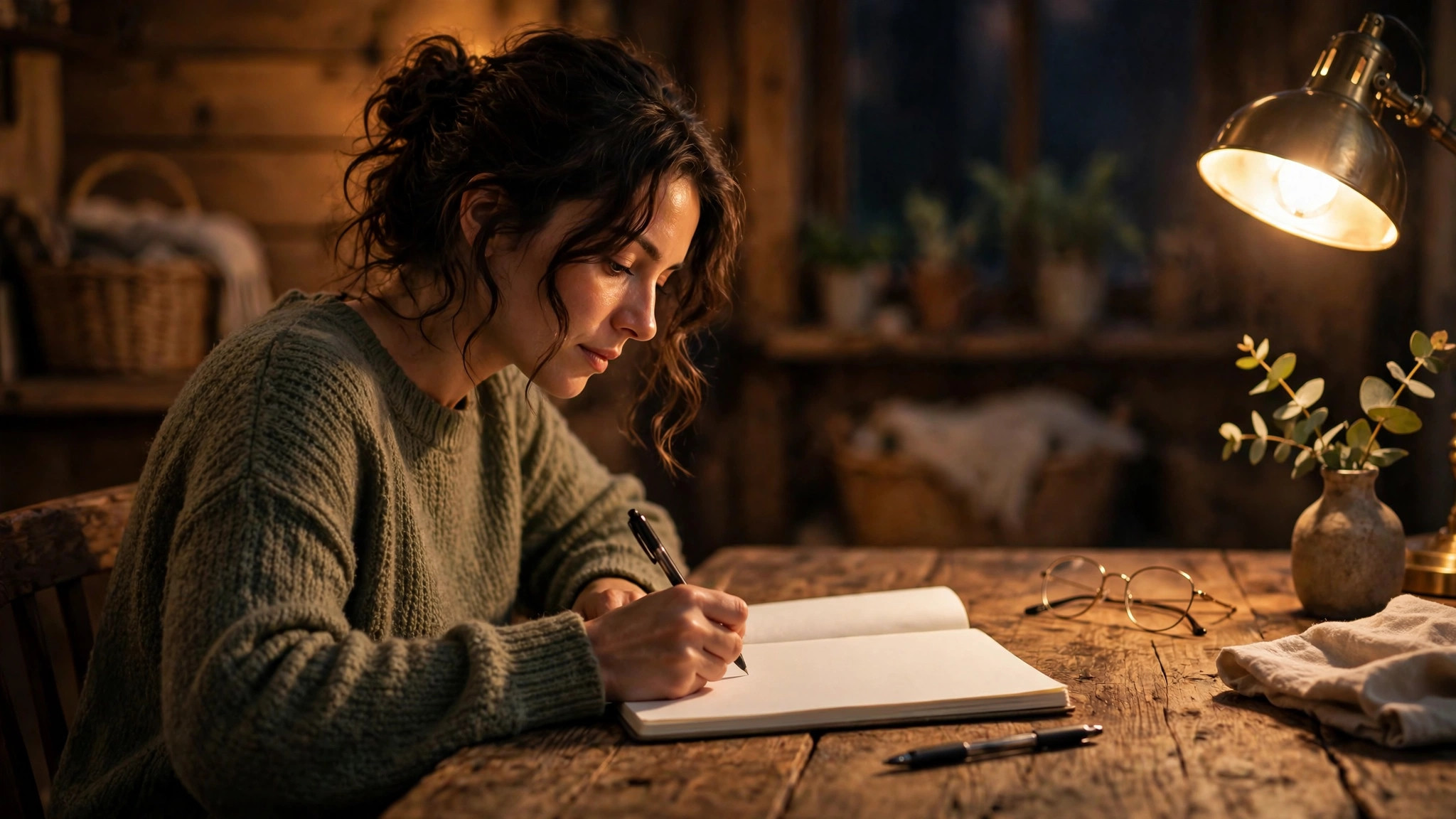 Person writing at a wooden desk by lamplight