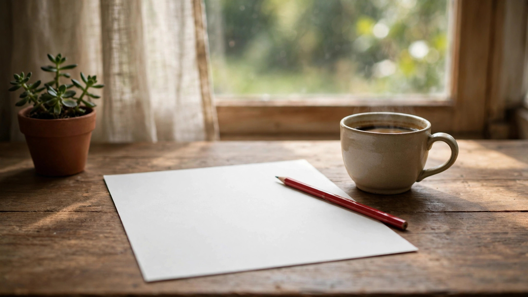 Red pencil on a blank sheet, coffee cup, window light