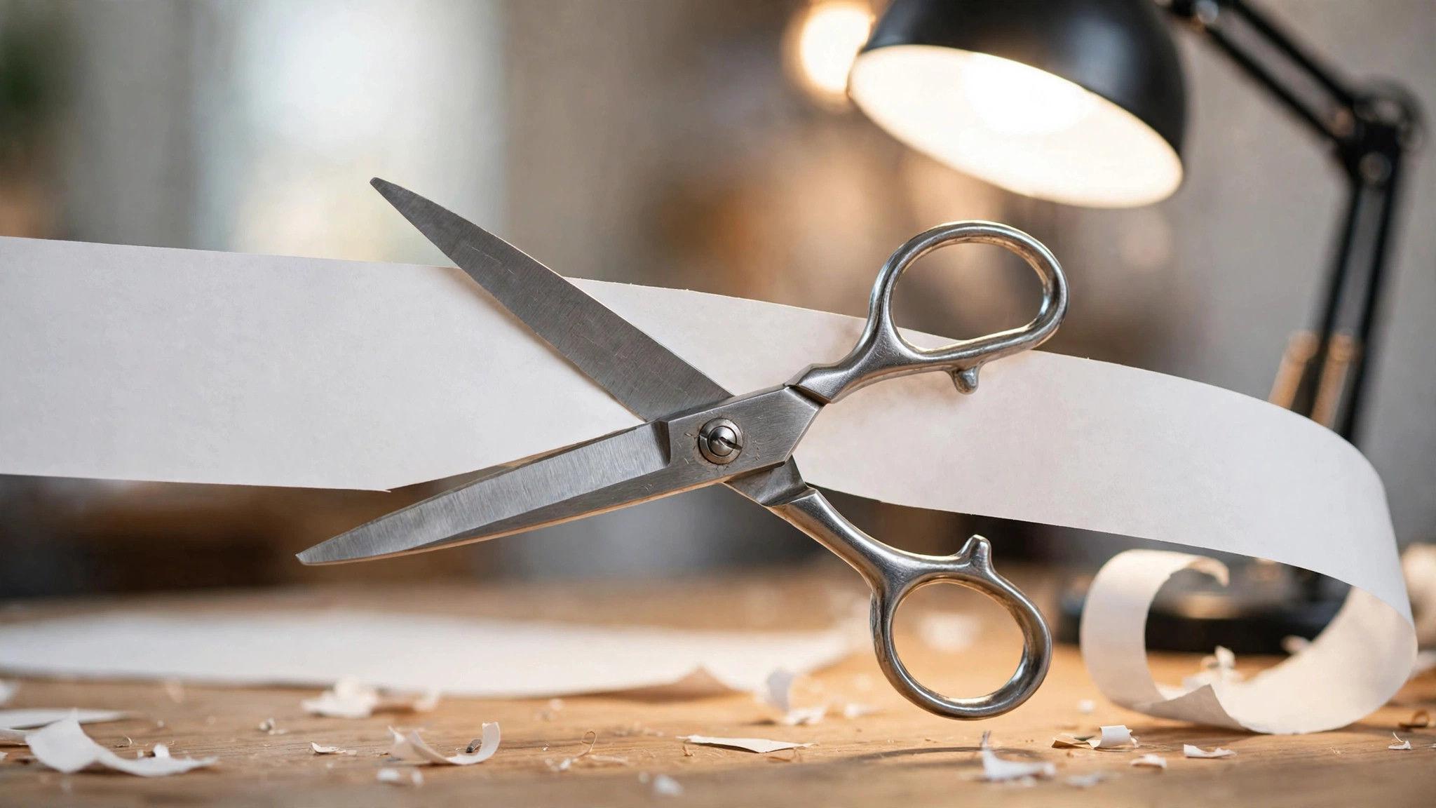 Scissors cutting a strip of blank paper, close-up