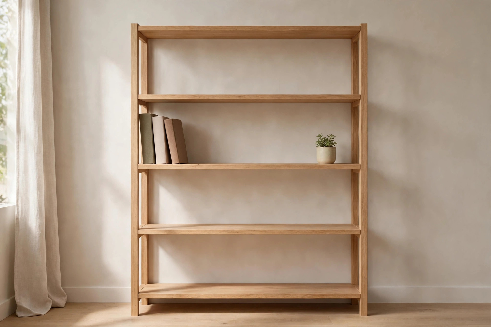 Nearly empty bookshelf with a few books and one plant